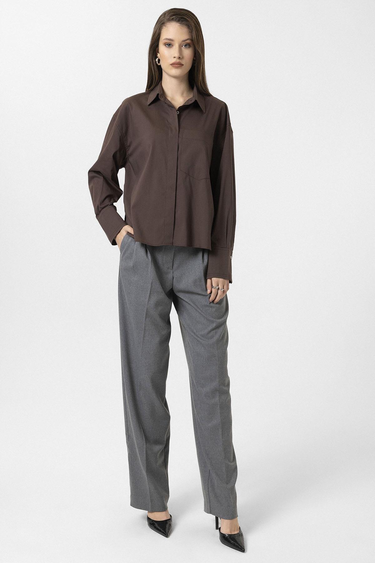 Antioch-Kahve Kadın Basic Oversize Gömlek-Gömlek-3-Milagron.com