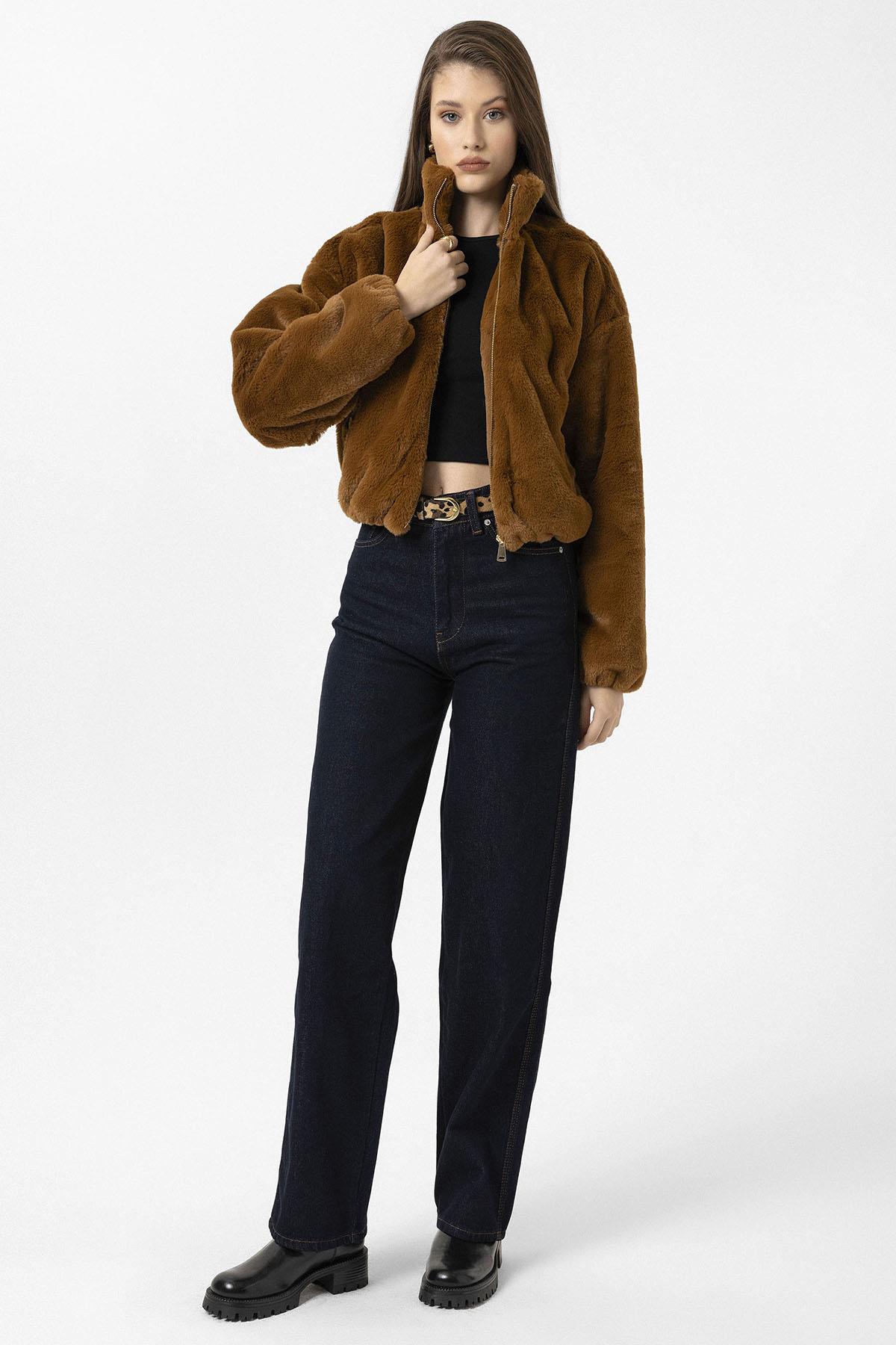 Antioch-Kahve Kadın Bel Lastikli Suni Kürk Mont-Mont-2-Milagron.com