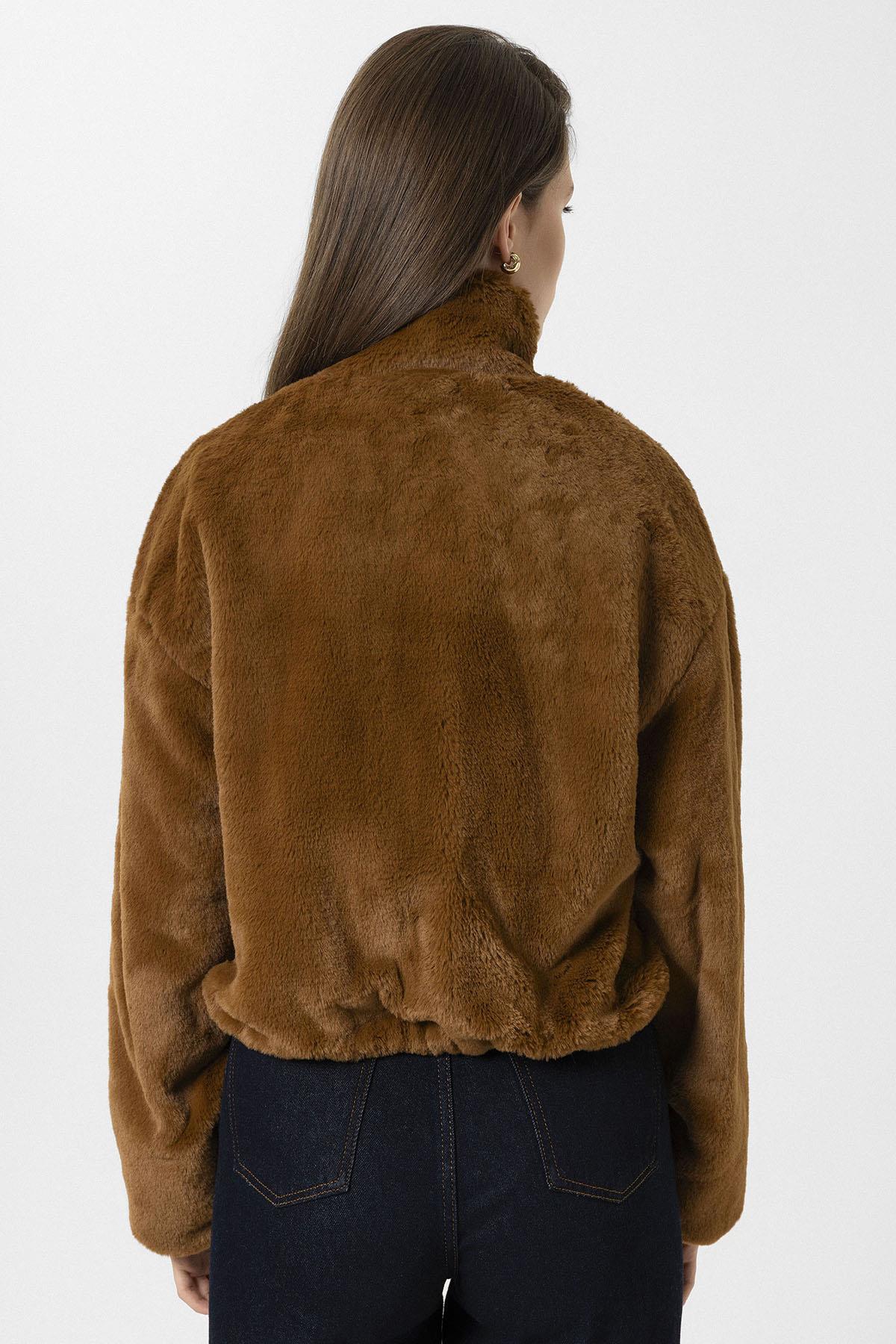 Antioch-Kahve Kadın Bel Lastikli Suni Kürk Mont-Mont-4-Milagron.com