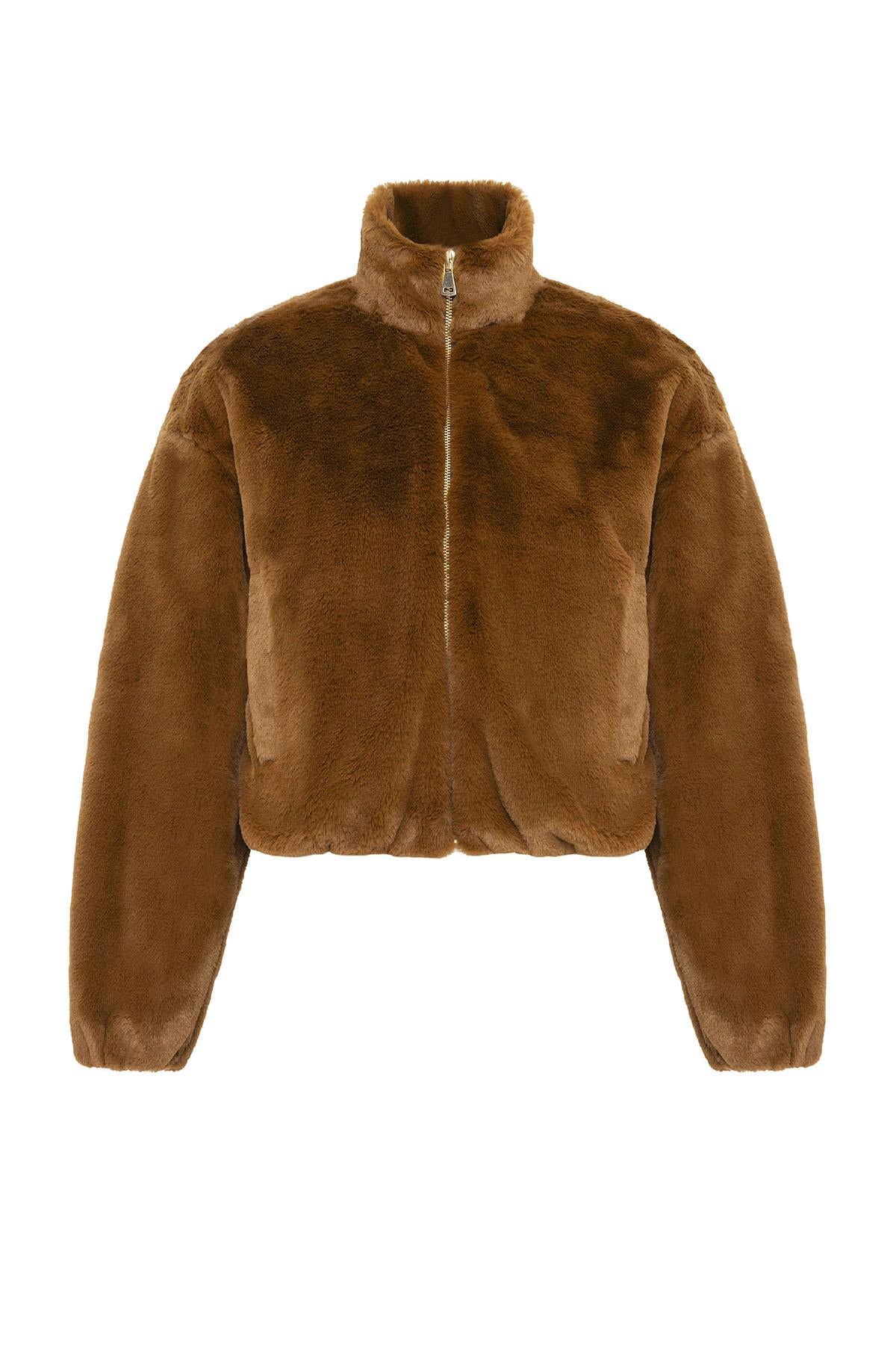 Antioch-Kahve Kadın Bel Lastikli Suni Kürk Mont-Mont-5-Milagron.com