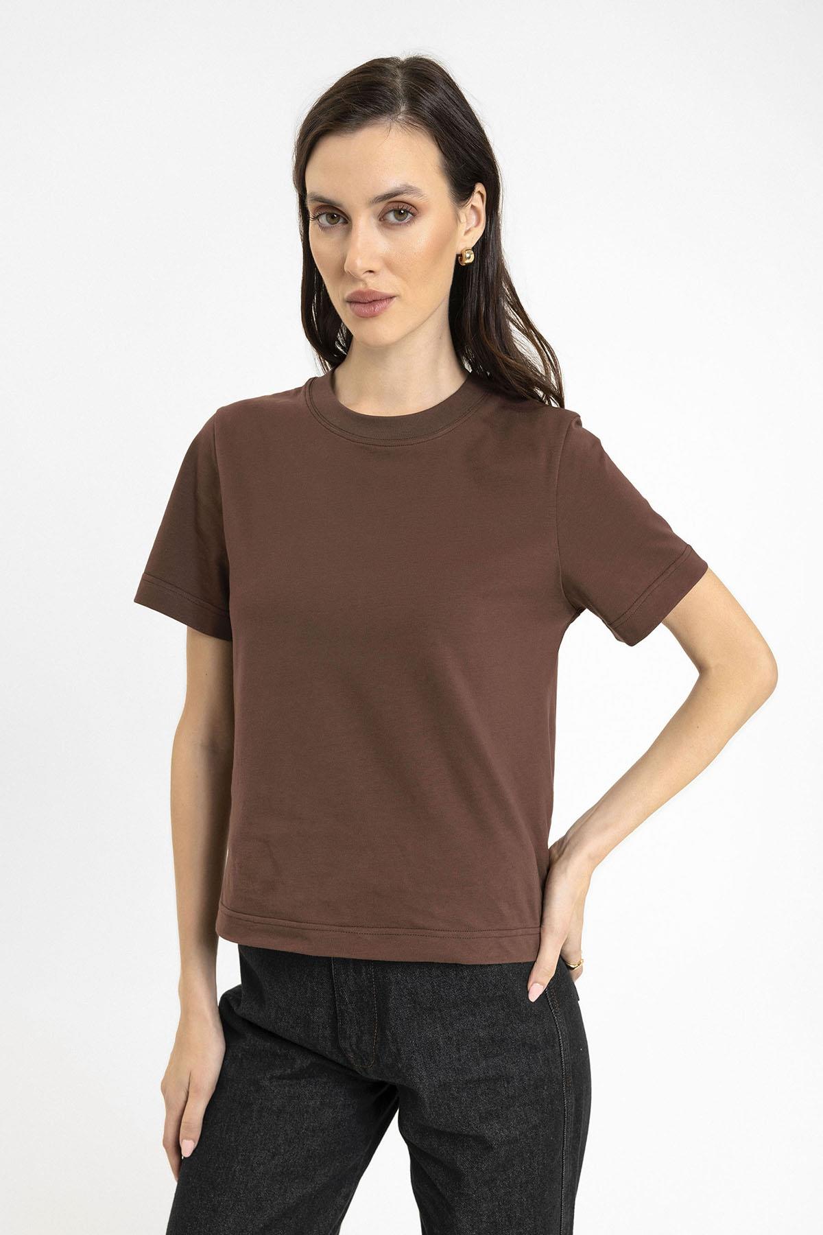 Antioch-Kahve Kadın Bisiklet Yaka Basic T Shirt-T-Shirts-1-Milagron.com