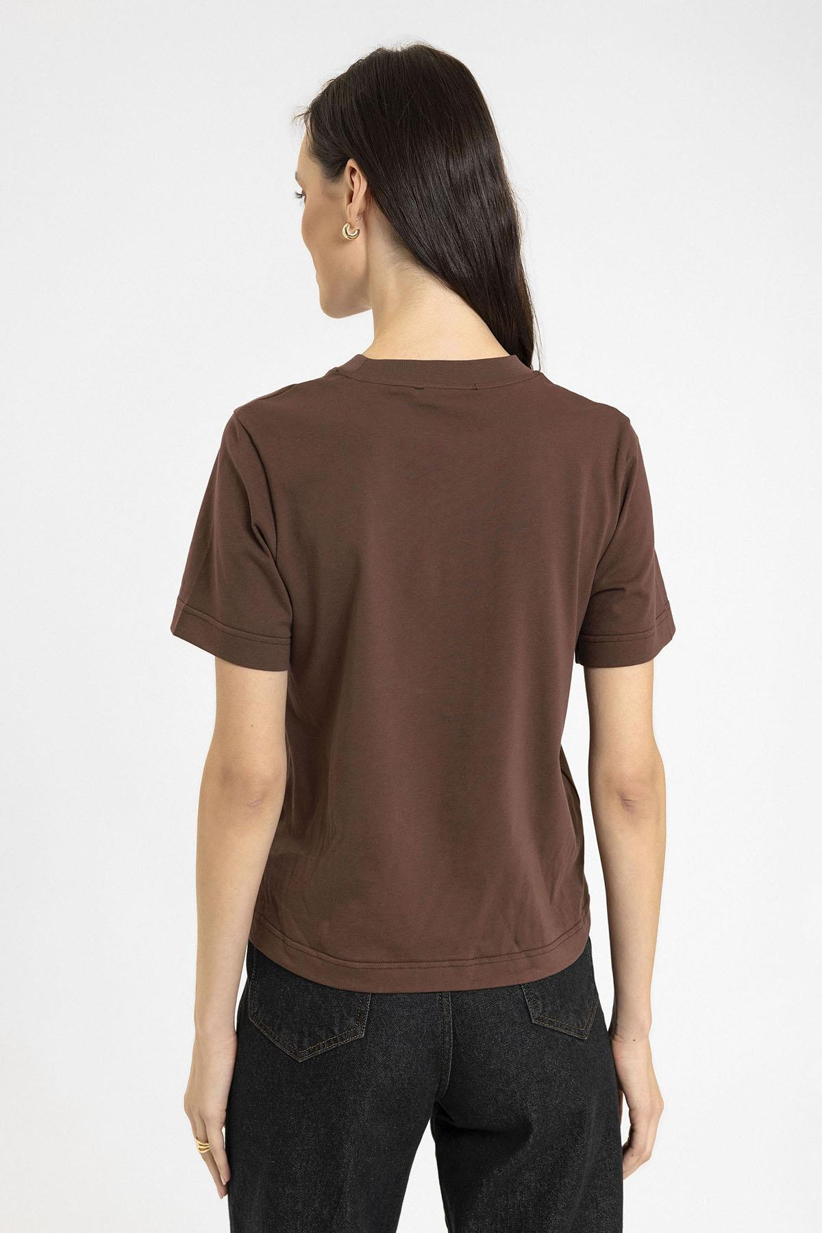 Antioch-Kahve Kadın Bisiklet Yaka Basic T Shirt-T-Shirts-5-Milagron.com