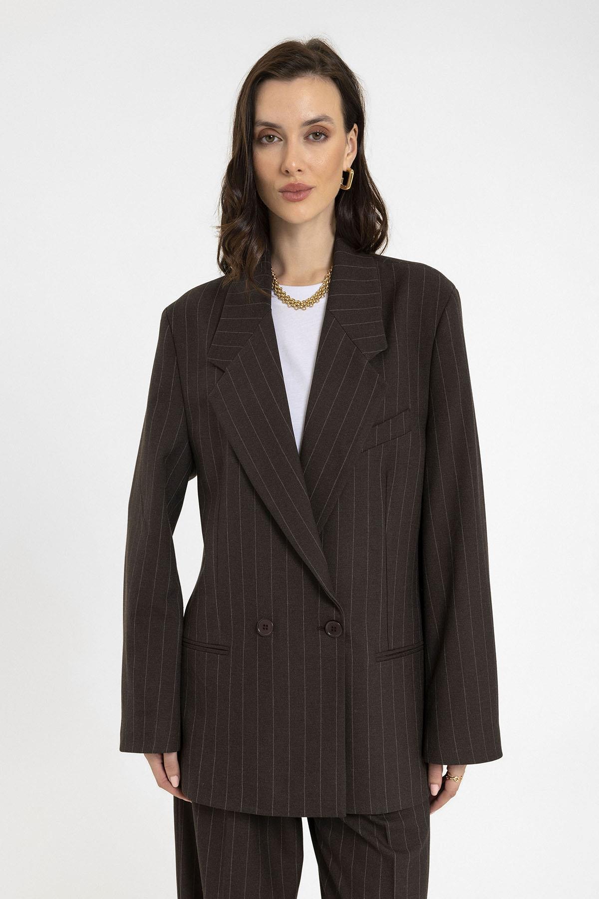 Antioch-Kahve Kadın Çizgili Oversize Blazer Ceket-Ceket-1-Milagron.com