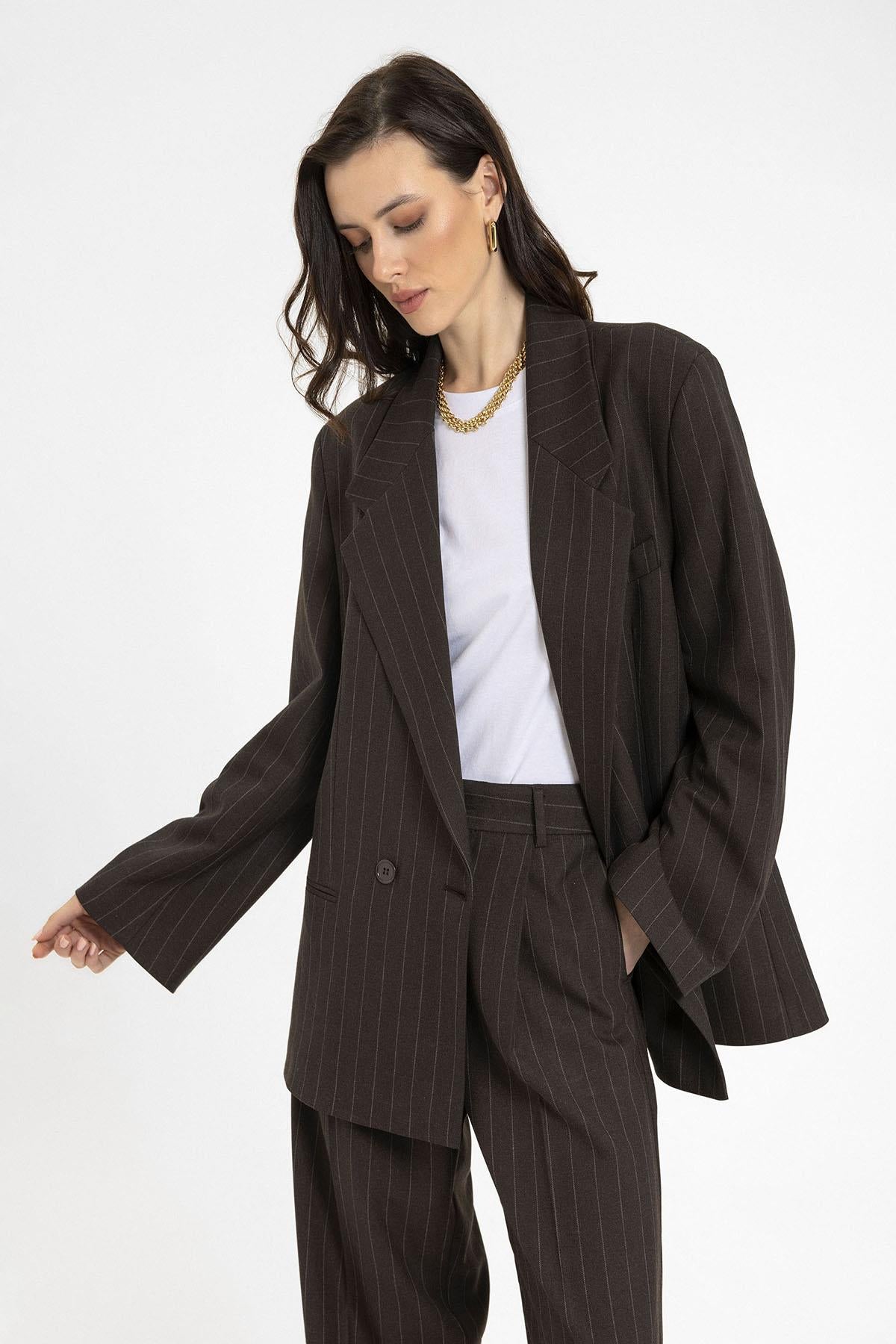 Antioch-Kahve Kadın Çizgili Oversize Blazer Ceket-Ceket-2-Milagron.com