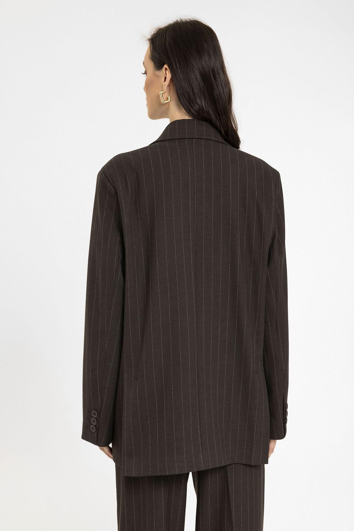 Antioch-Kahve Kadın Çizgili Oversize Blazer Ceket-Ceket-6-Milagron.com