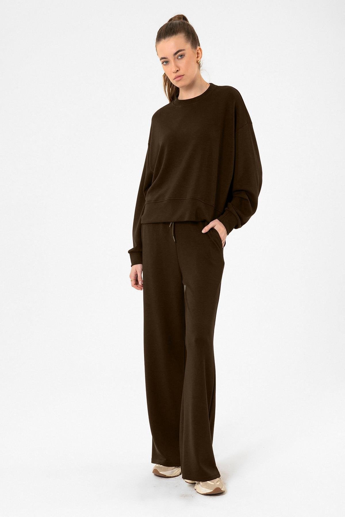 Antioch-Kahve Kadın İspanyol Paça Eşofman Takım-Alt - Üst Takım-2-Milagron.com