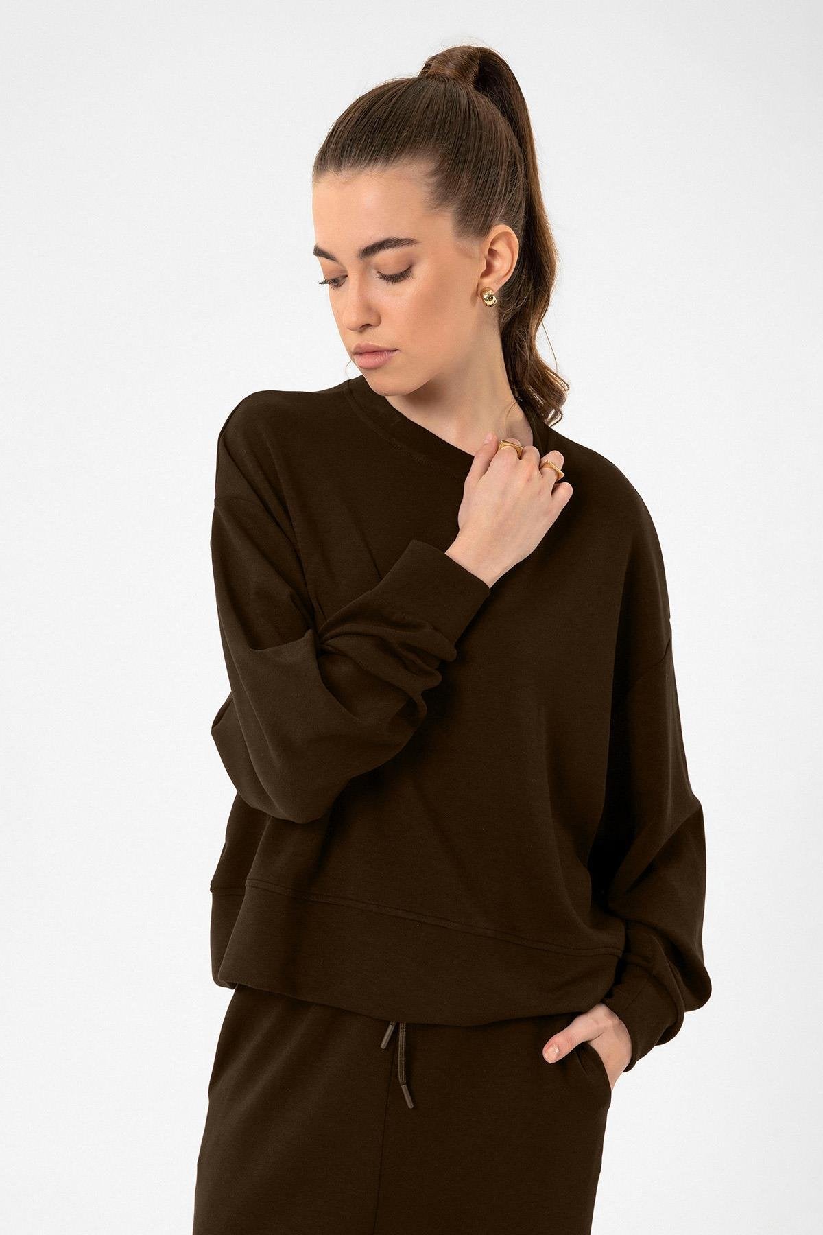 Antioch-Kahve Kadın İspanyol Paça Eşofman Takım-Alt - Üst Takım-3-Milagron.com