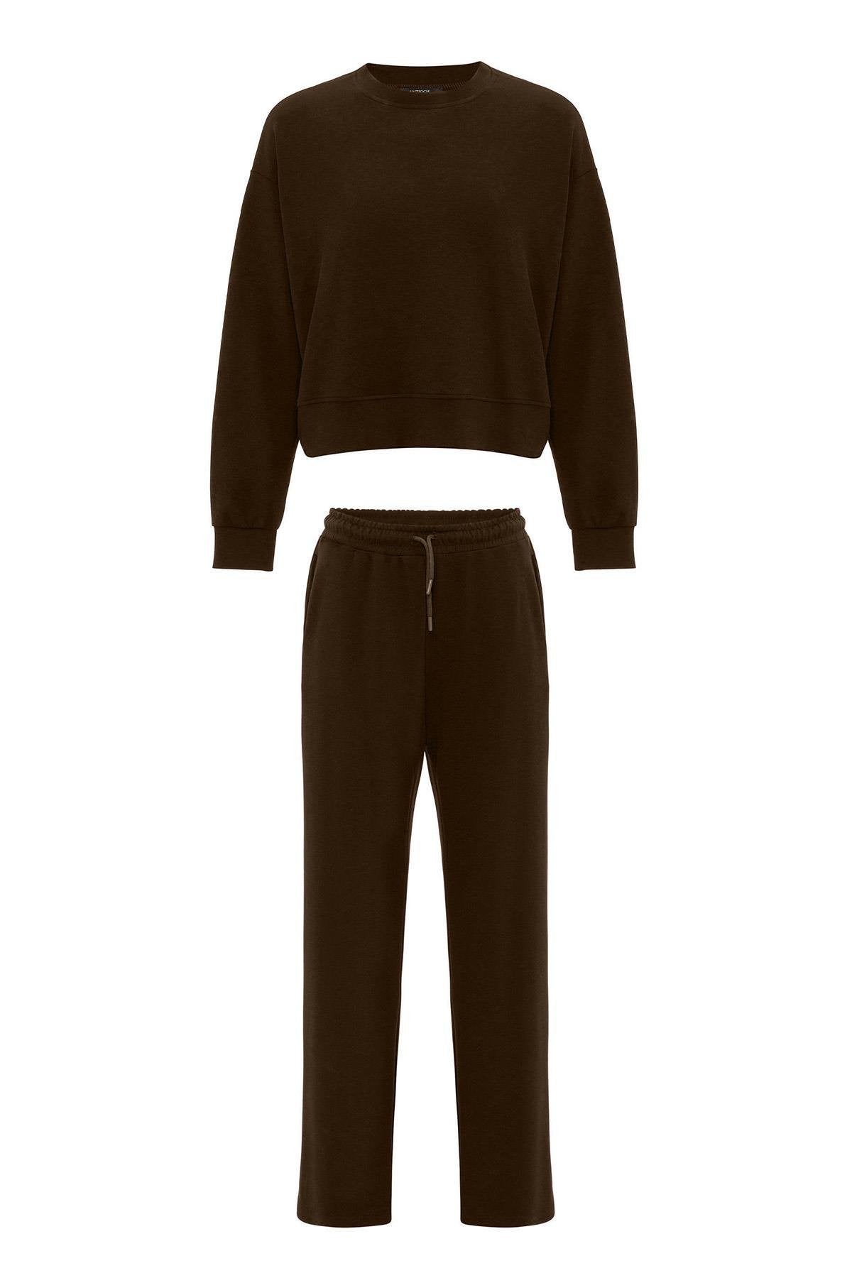 Antioch-Kahve Kadın İspanyol Paça Eşofman Takım-Alt - Üst Takım-6-Milagron.com