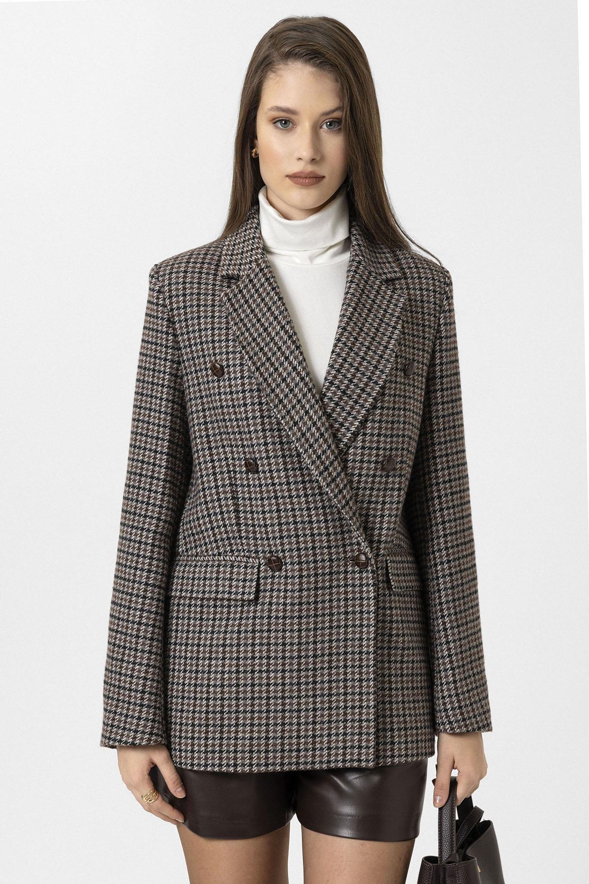 Antioch-Kahve Kadın Kazayağı Desenli Blazer Ceket-Ceket-1-Milagron.com