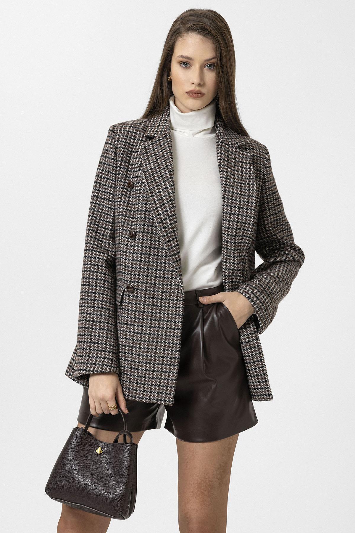 Antioch-Kahve Kadın Kazayağı Desenli Blazer Ceket-Ceket-2-Milagron.com