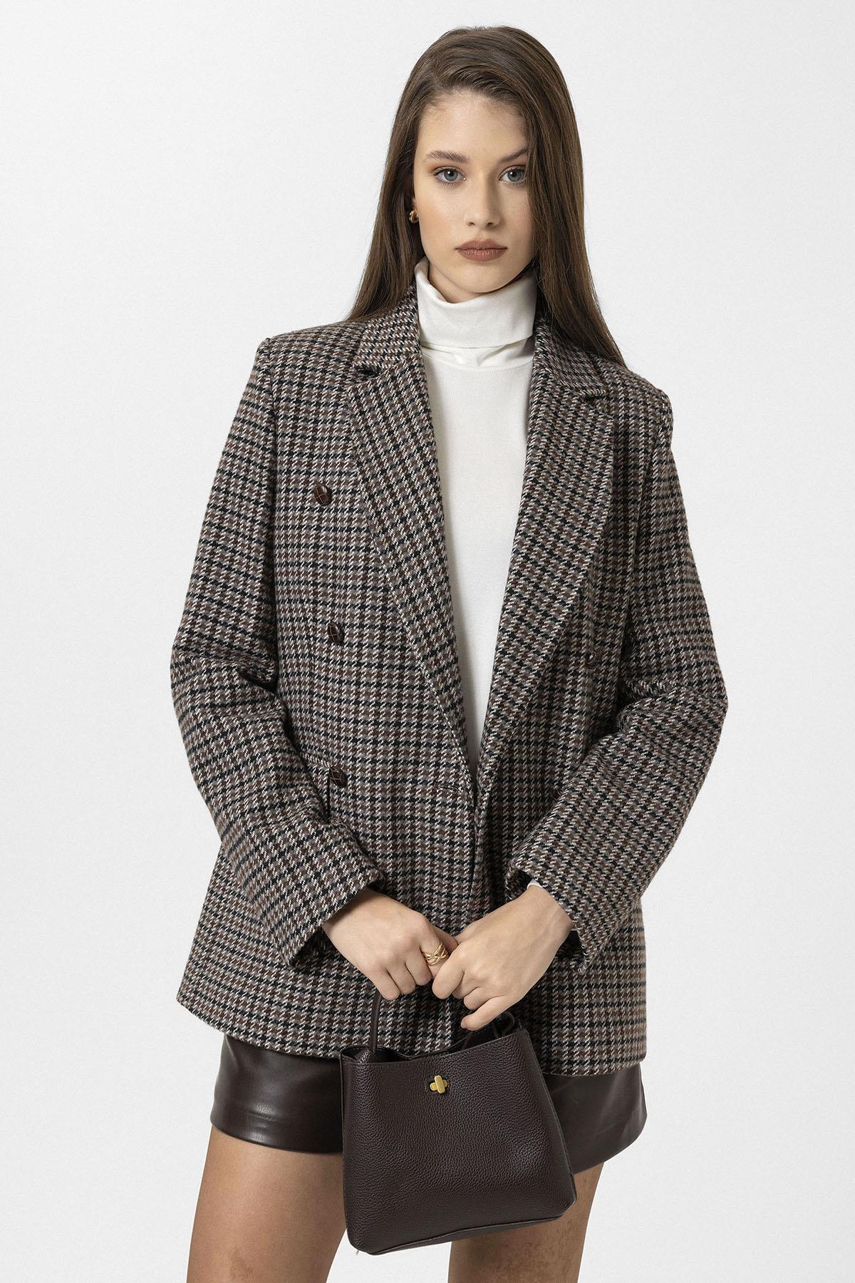 Antioch-Kahve Kadın Kazayağı Desenli Blazer Ceket-Ceket-5-Milagron.com