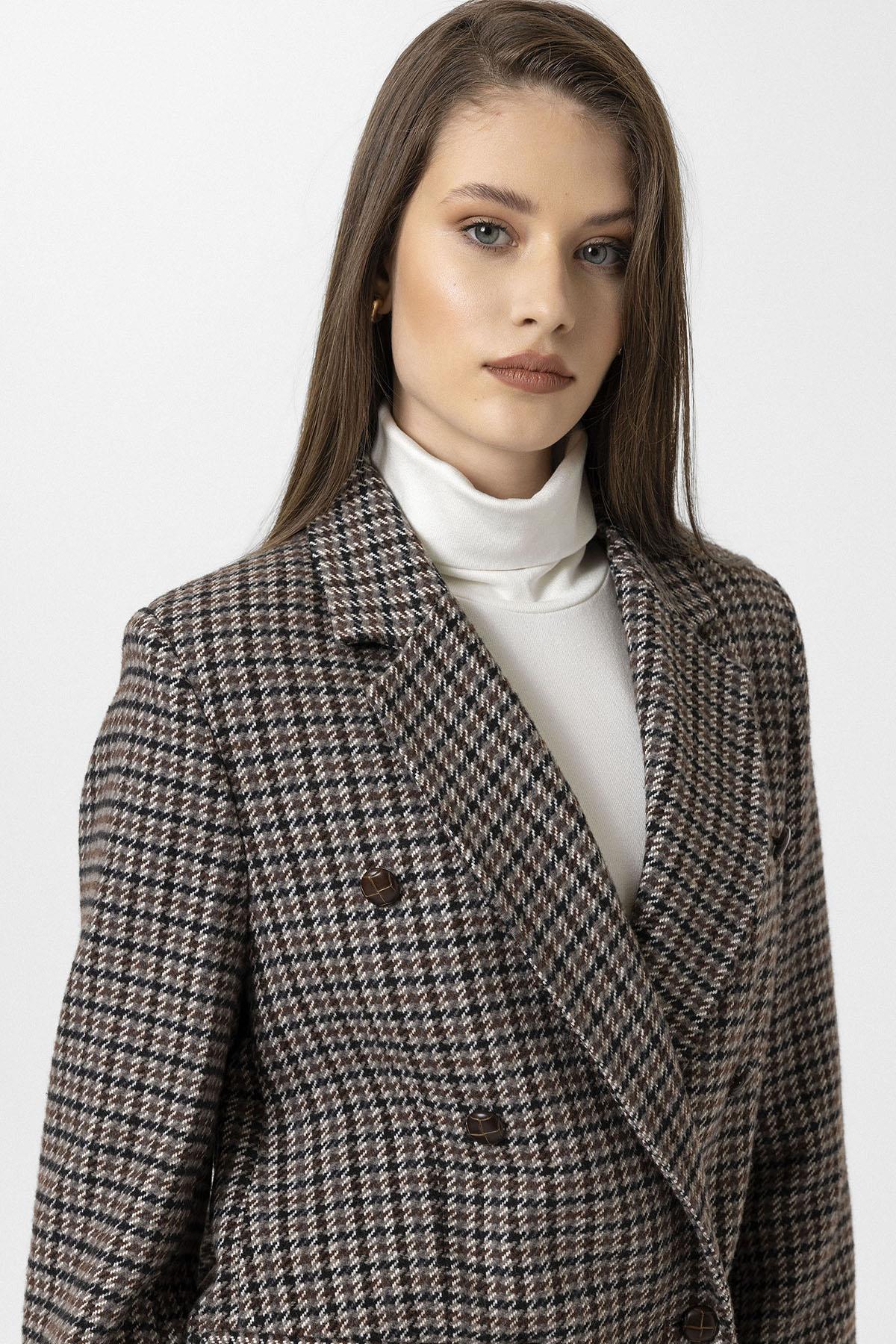 Antioch-Kahve Kadın Kazayağı Desenli Blazer Ceket-Ceket-6-Milagron.com