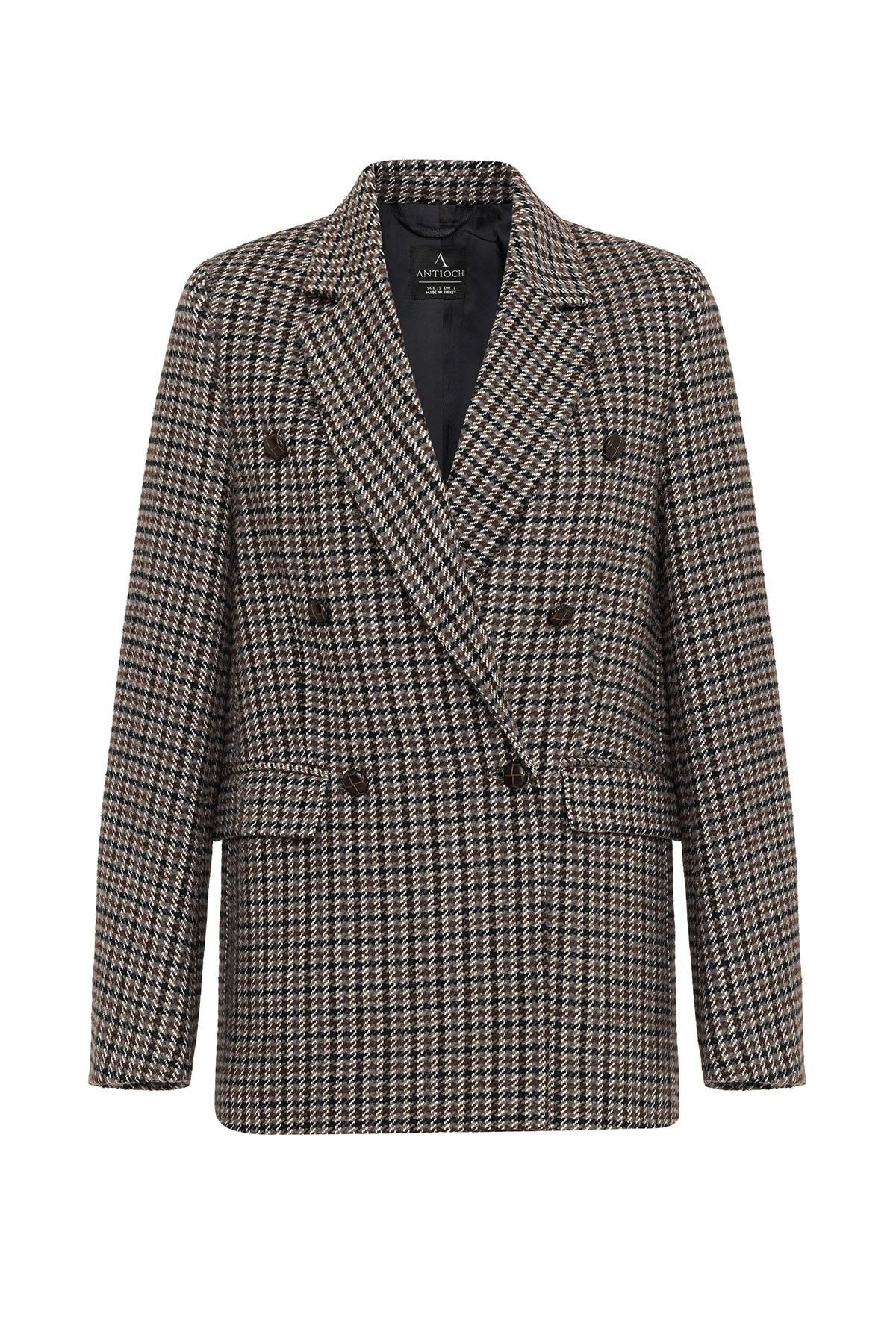 Antioch-Kahve Kadın Kazayağı Desenli Blazer Ceket-Ceket-8-Milagron.com