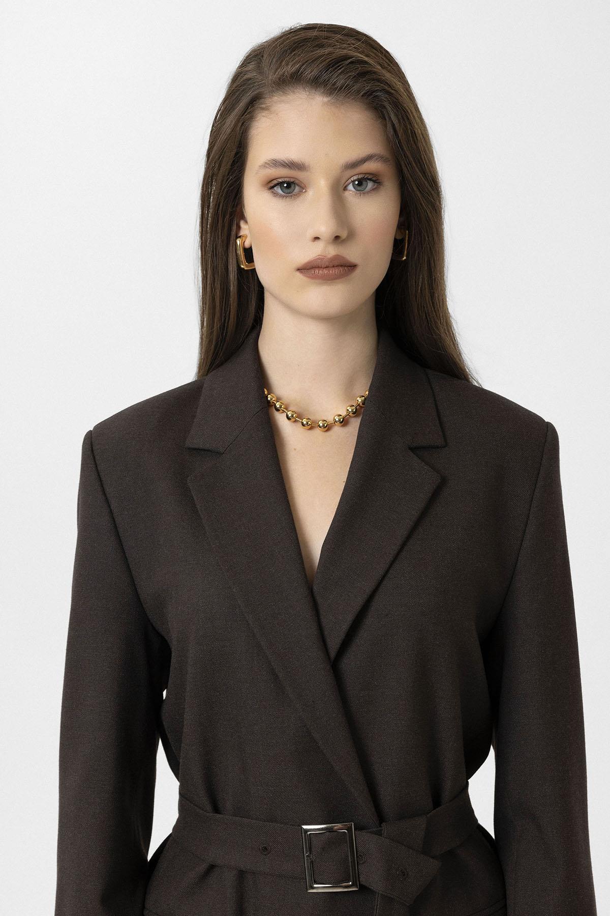 Antioch-Kahve Kadın Kemerli Blazer Ceket-Ceket-4-Milagron.com