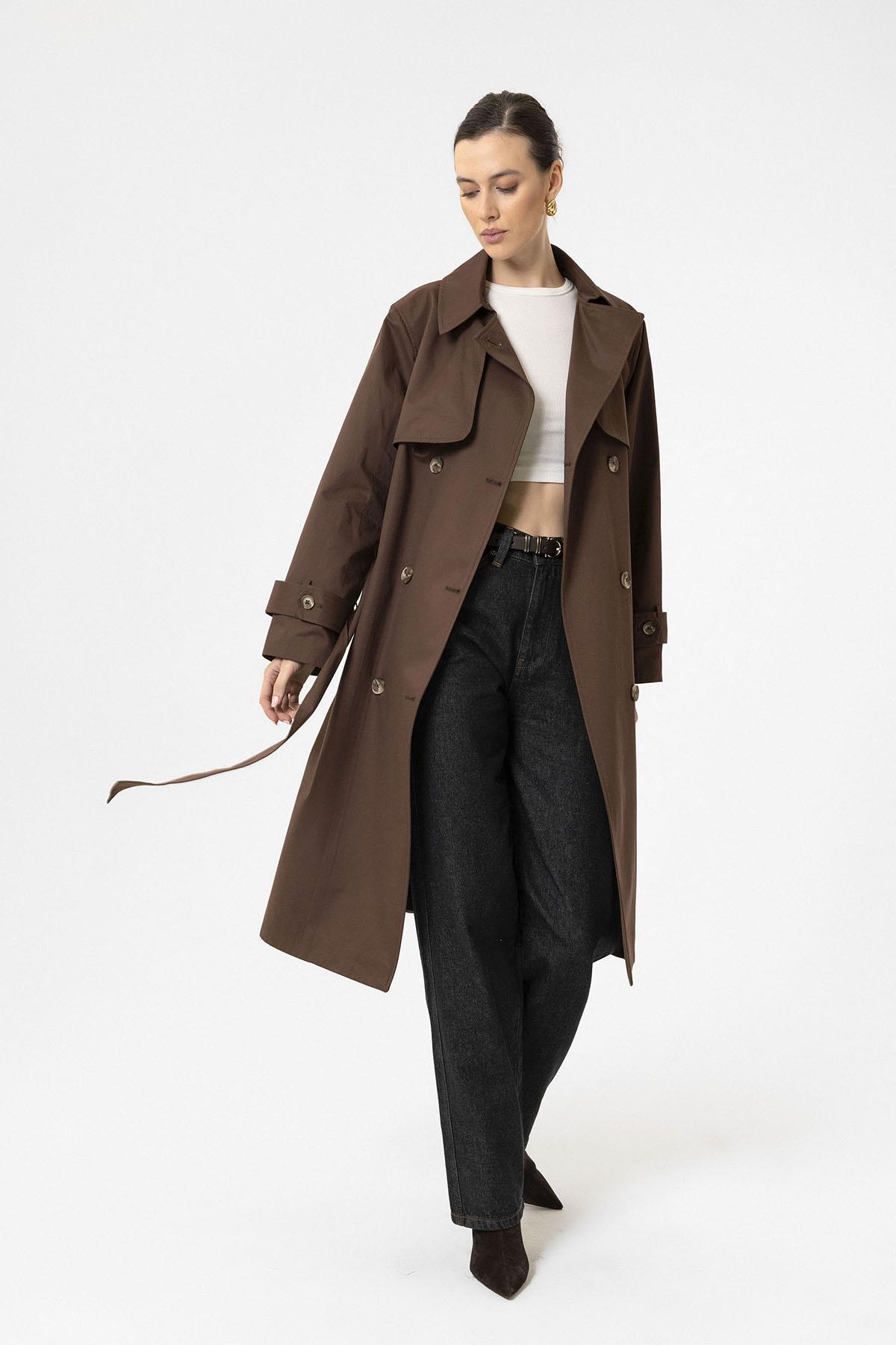 Antioch-Kahve Kadın Kruvaze Kapama Kemerli Trençkot-Trençkot-2-Milagron.com