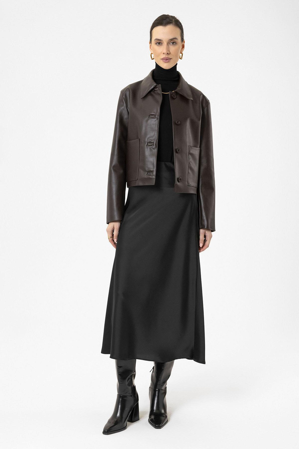 Antioch-Kahve Kadın Polo Yaka Suni Deri Ceket-Ceket-1-Milagron.com