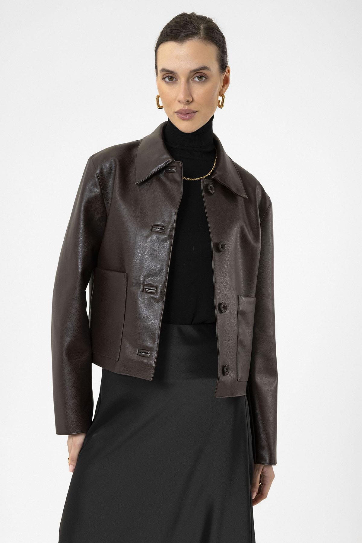 Antioch-Kahve Kadın Polo Yaka Suni Deri Ceket-Ceket-2-Milagron.com