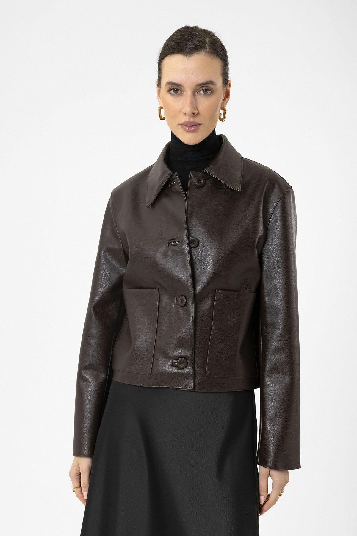 Antioch-Kahve Kadın Polo Yaka Suni Deri Ceket-Ceket-3-Milagron.com