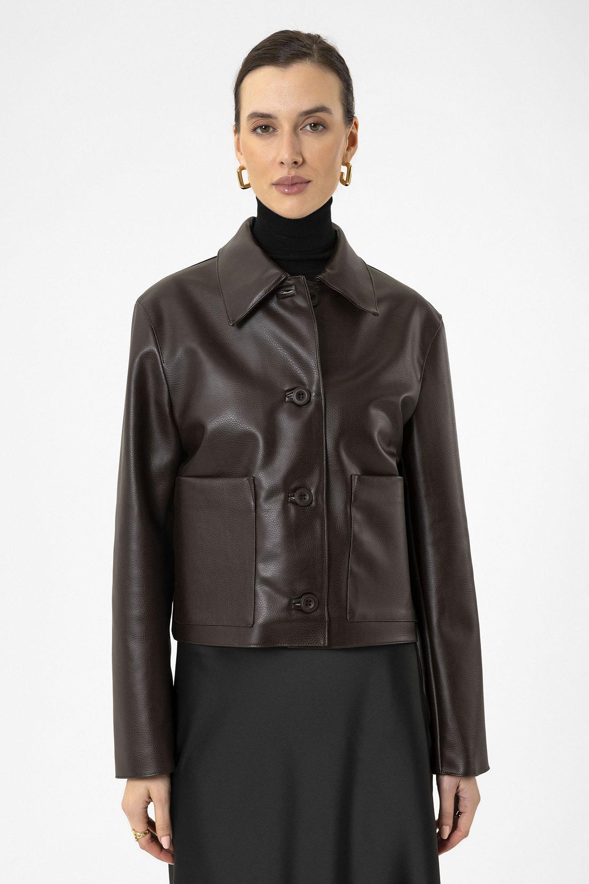 Antioch-Kahve Kadın Polo Yaka Suni Deri Ceket-Ceket-4-Milagron.com