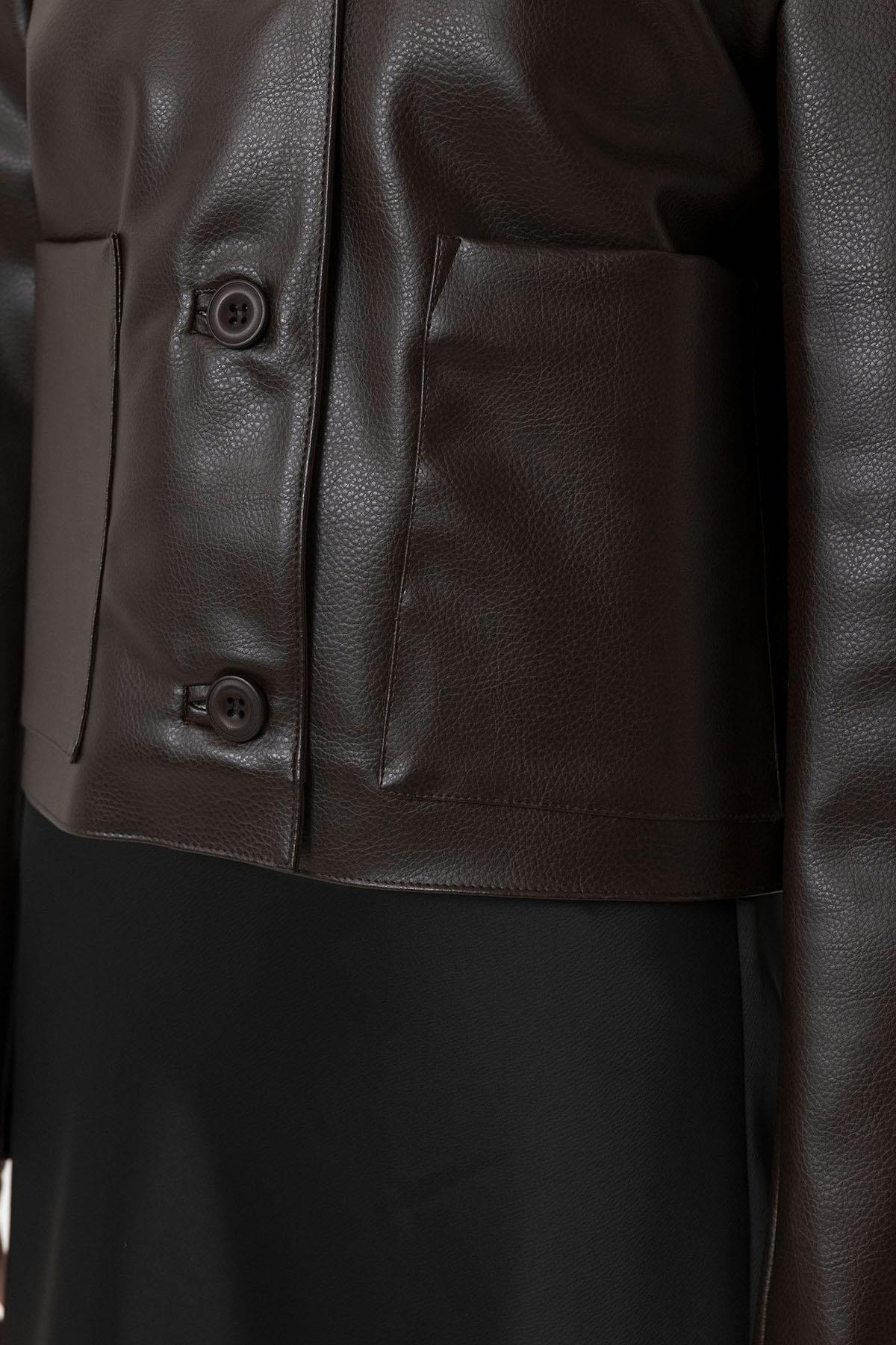 Antioch-Kahve Kadın Polo Yaka Suni Deri Ceket-Ceket-5-Milagron.com