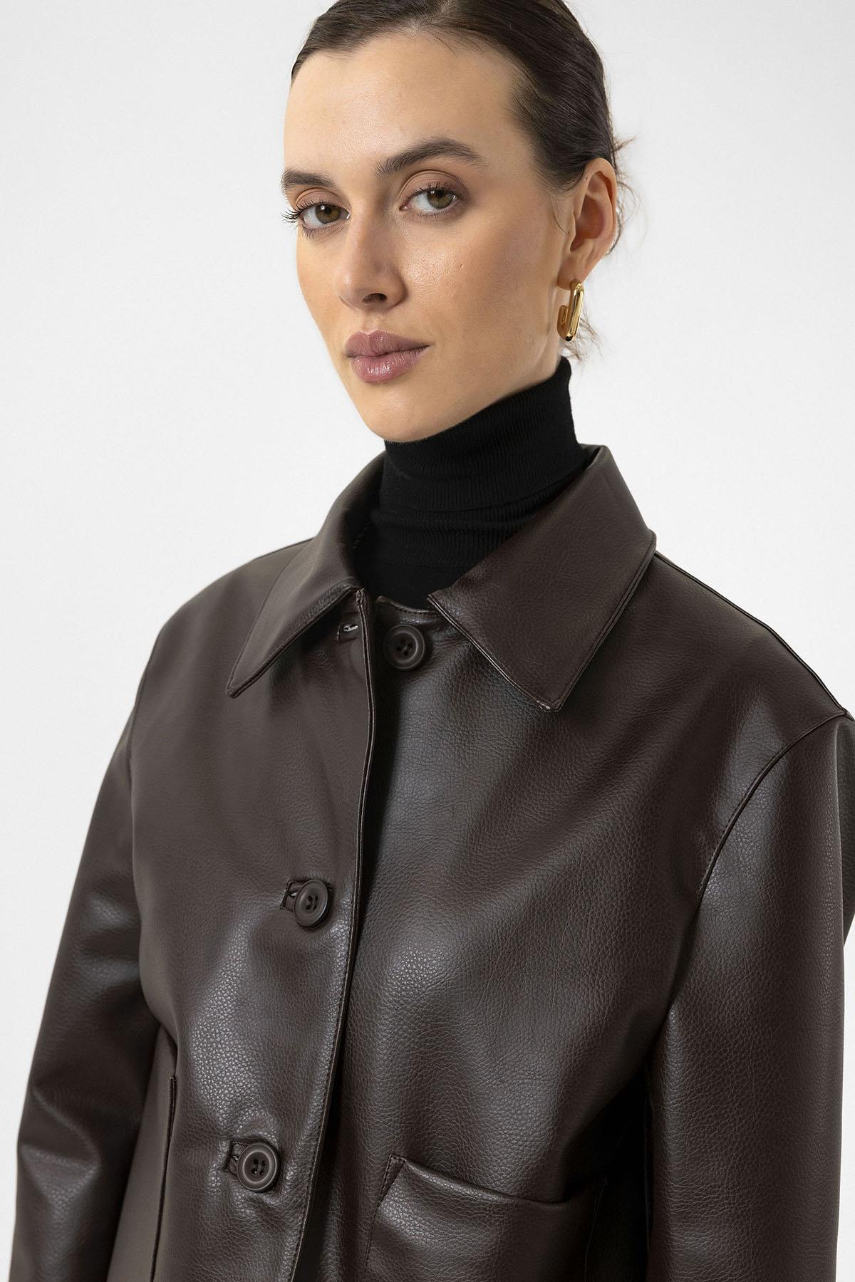 Antioch-Kahve Kadın Polo Yaka Suni Deri Ceket-Ceket-6-Milagron.com