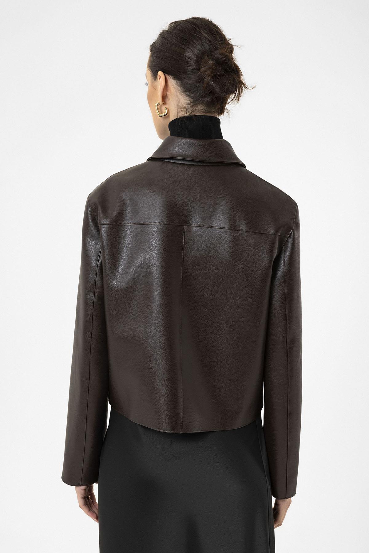 Antioch-Kahve Kadın Polo Yaka Suni Deri Ceket-Ceket-7-Milagron.com