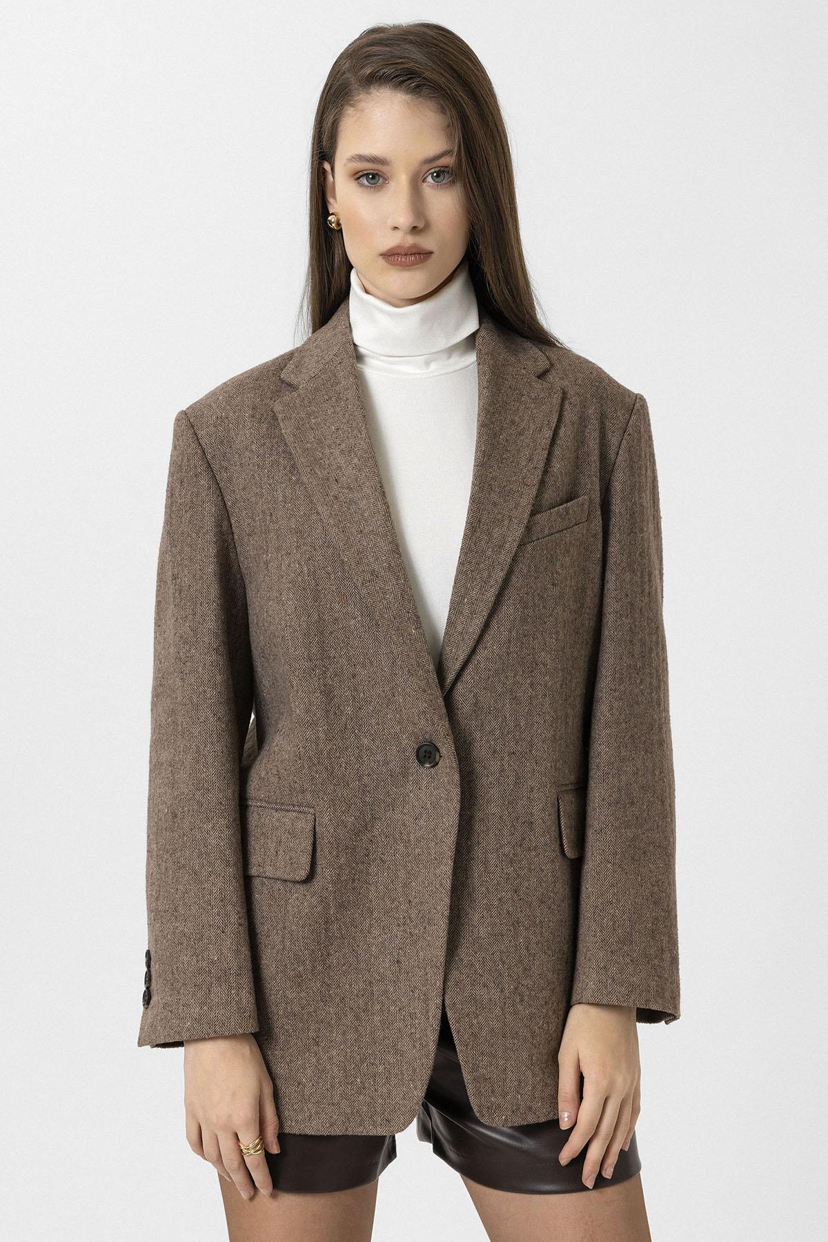 Antioch-Kahve Kadın Relax Fit Balıksırtı Desenli Blazer Ceket-Ceket-1-Milagron.com