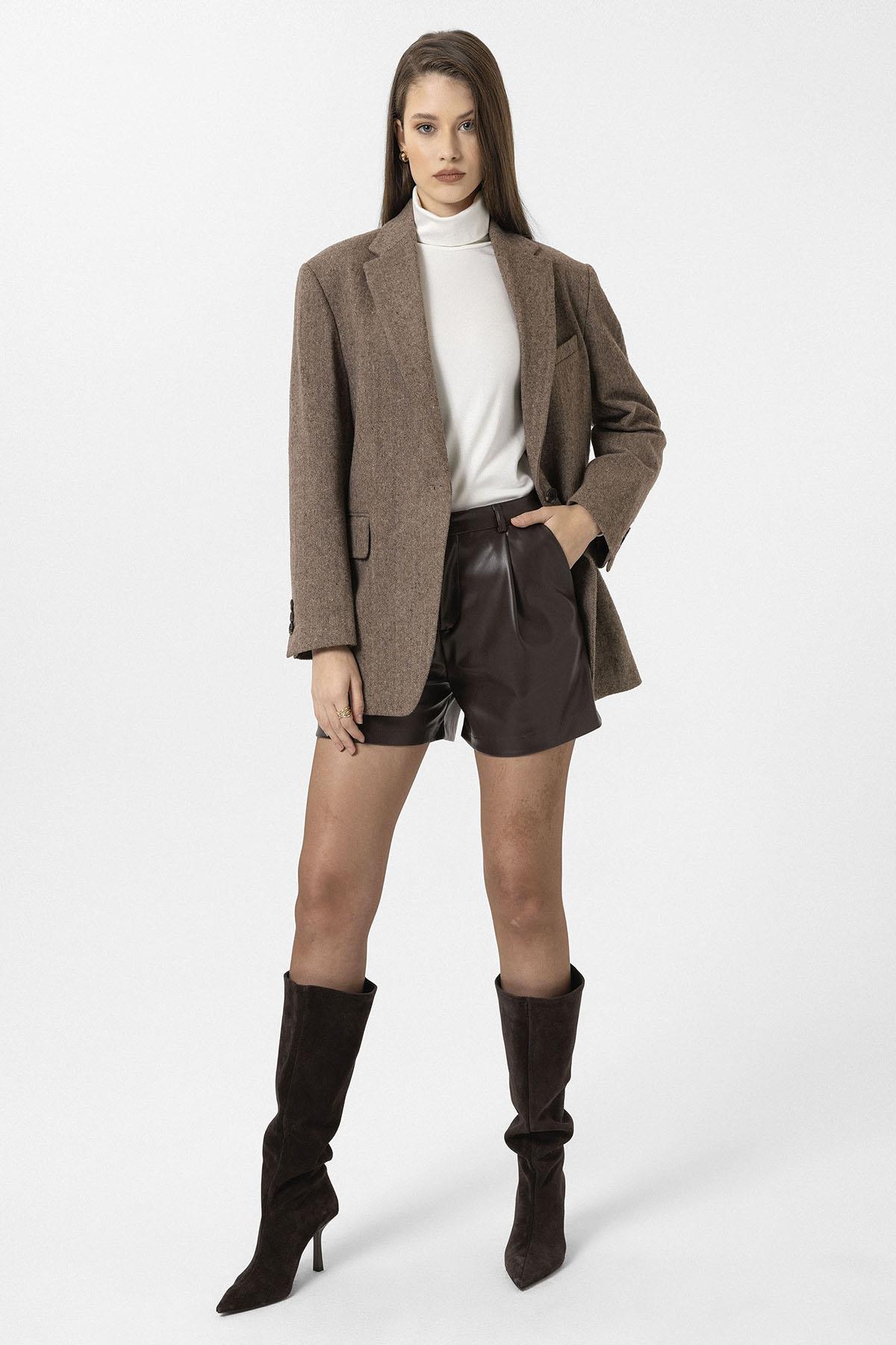 Antioch-Kahve Kadın Relax Fit Balıksırtı Desenli Blazer Ceket-Ceket-3-Milagron.com