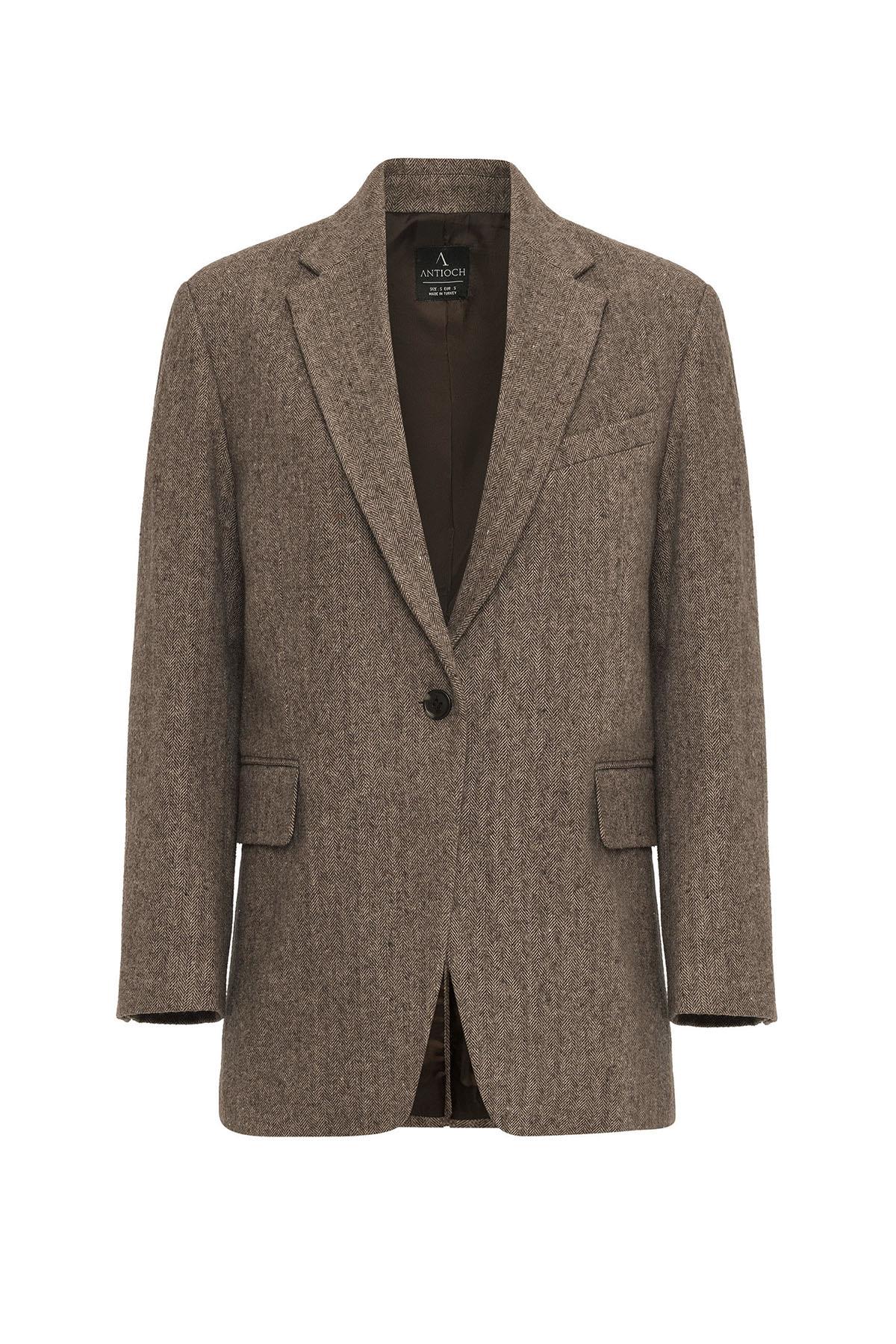 Antioch-Kahve Kadın Relax Fit Balıksırtı Desenli Blazer Ceket-Ceket-8-Milagron.com