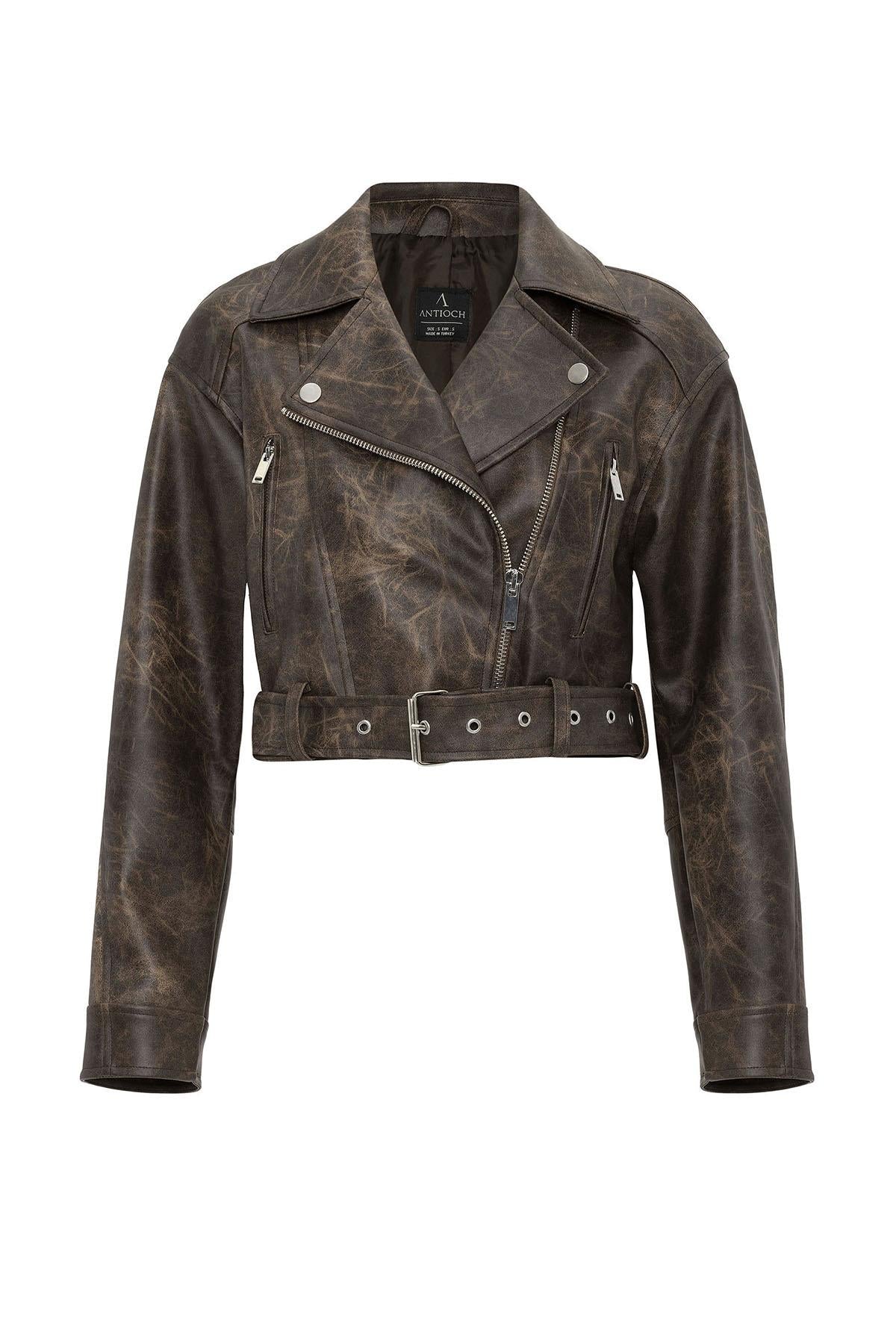 Antioch-Kahve Kadın Suni Deri Crop Biker Ceket-Deri Mont-2-Milagron.com