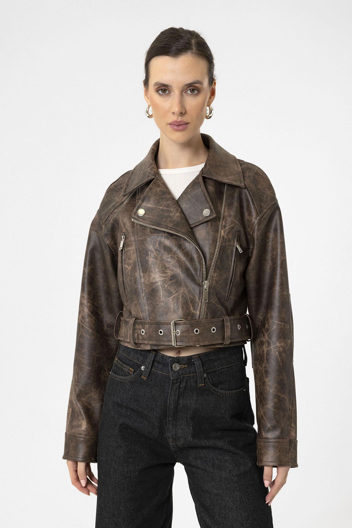 Antioch-Kahve Kadın Suni Deri Crop Biker Ceket-Deri Mont-3-Milagron.com