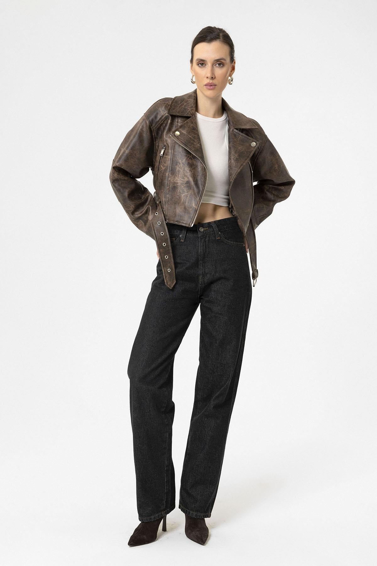 Antioch-Kahve Kadın Suni Deri Crop Biker Ceket-Deri Mont-4-Milagron.com