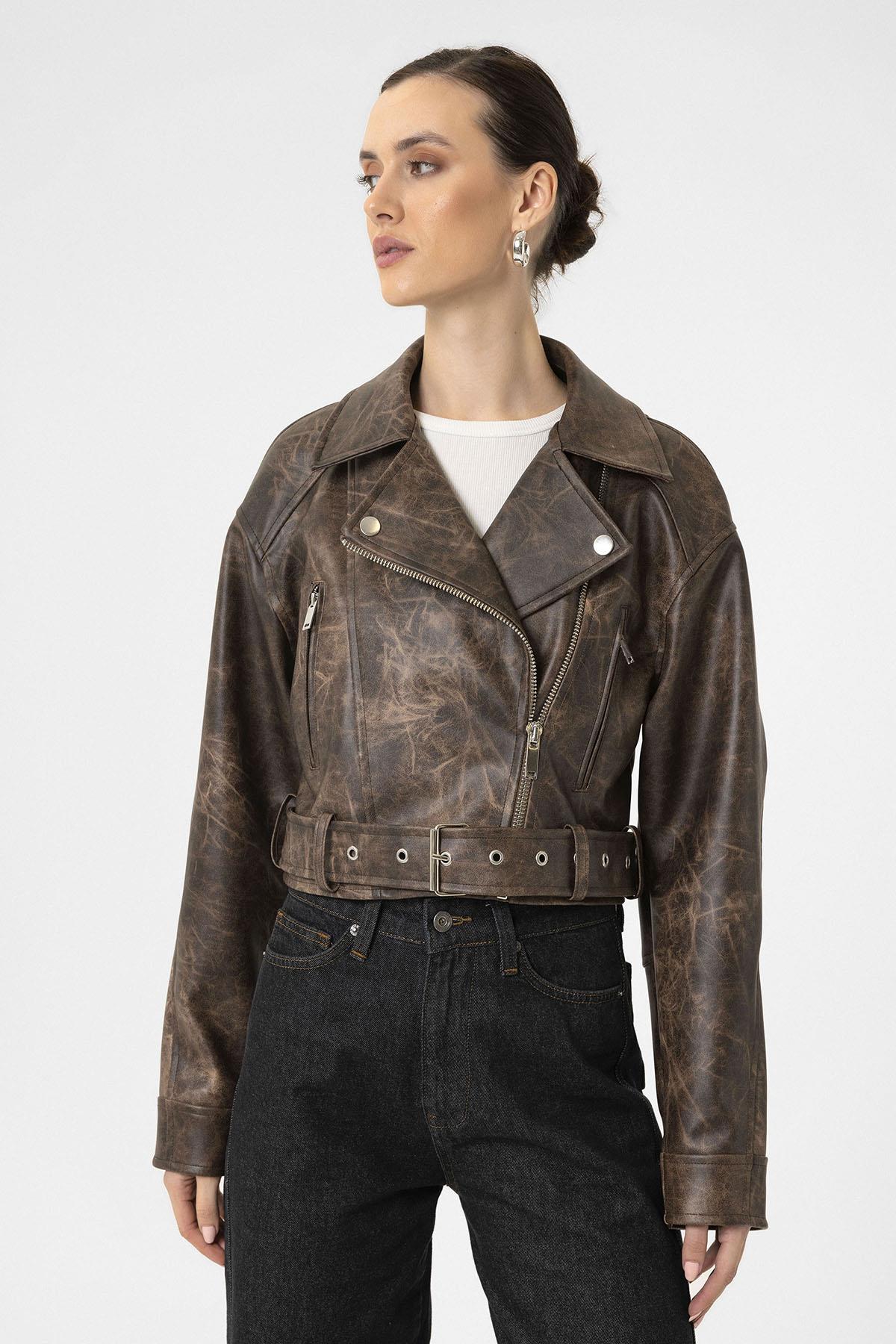 Antioch-Kahve Kadın Suni Deri Crop Biker Ceket-Deri Mont-5-Milagron.com