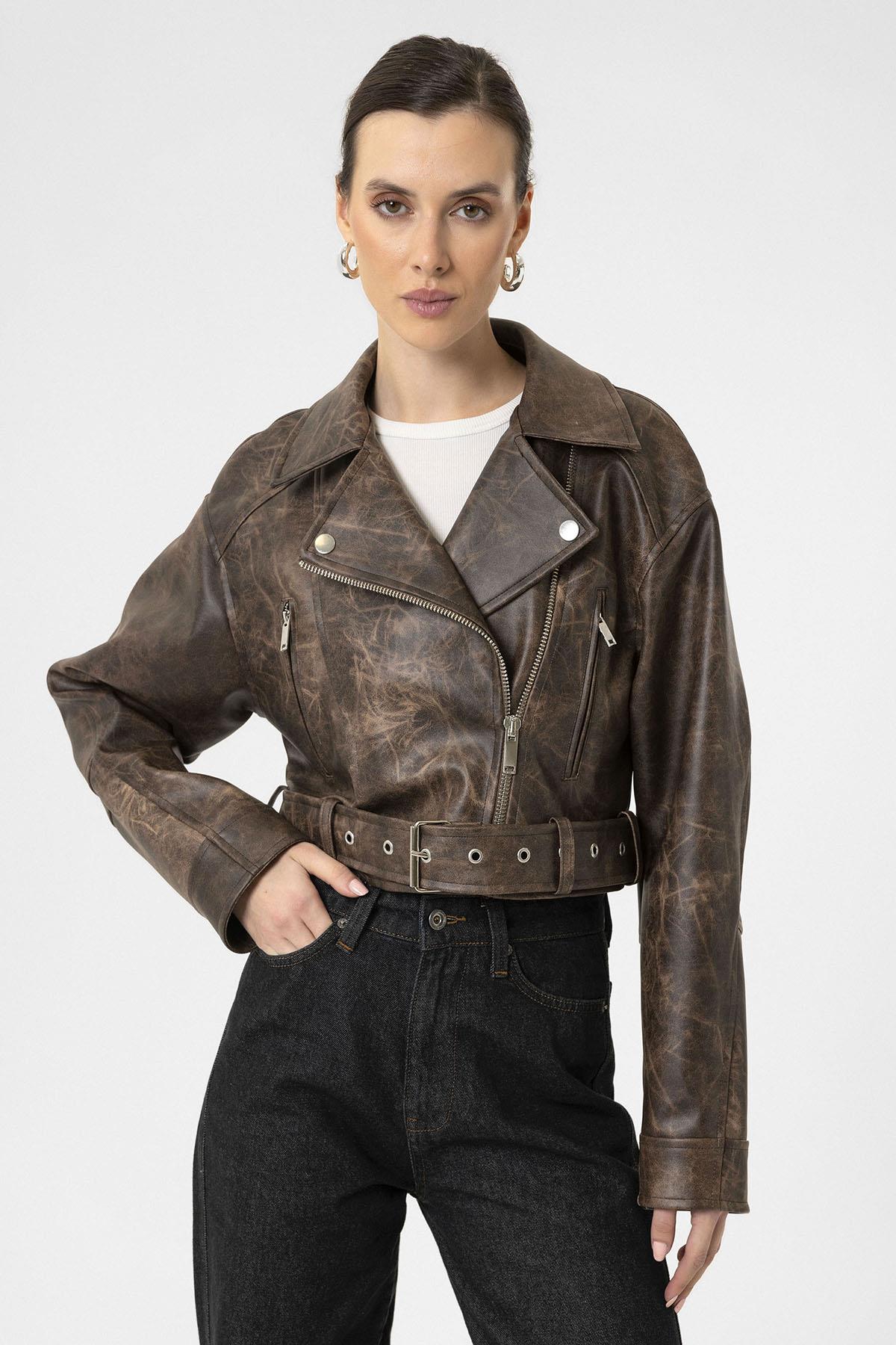 Antioch-Kahve Kadın Suni Deri Crop Biker Ceket-Deri Mont-6-Milagron.com