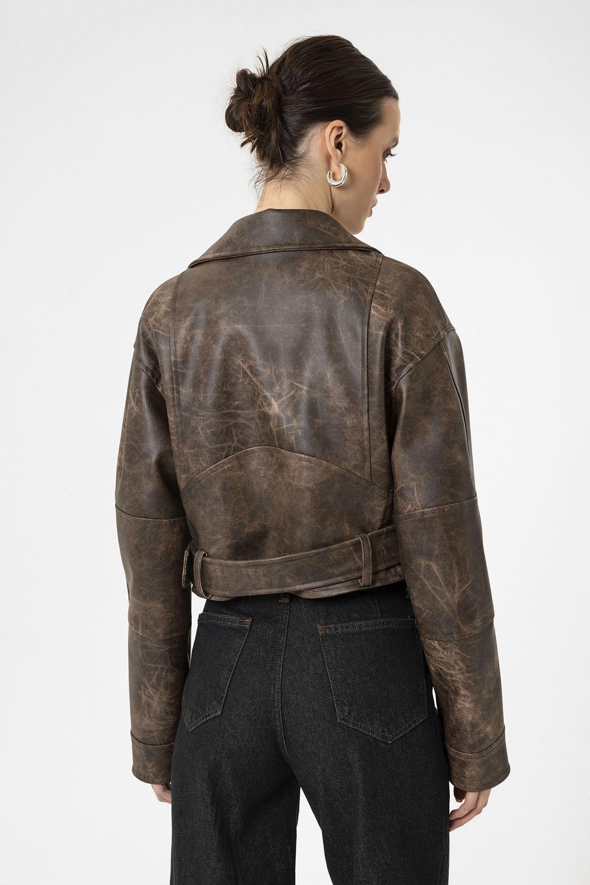 Antioch-Kahve Kadın Suni Deri Crop Biker Ceket-Deri Mont-8-Milagron.com