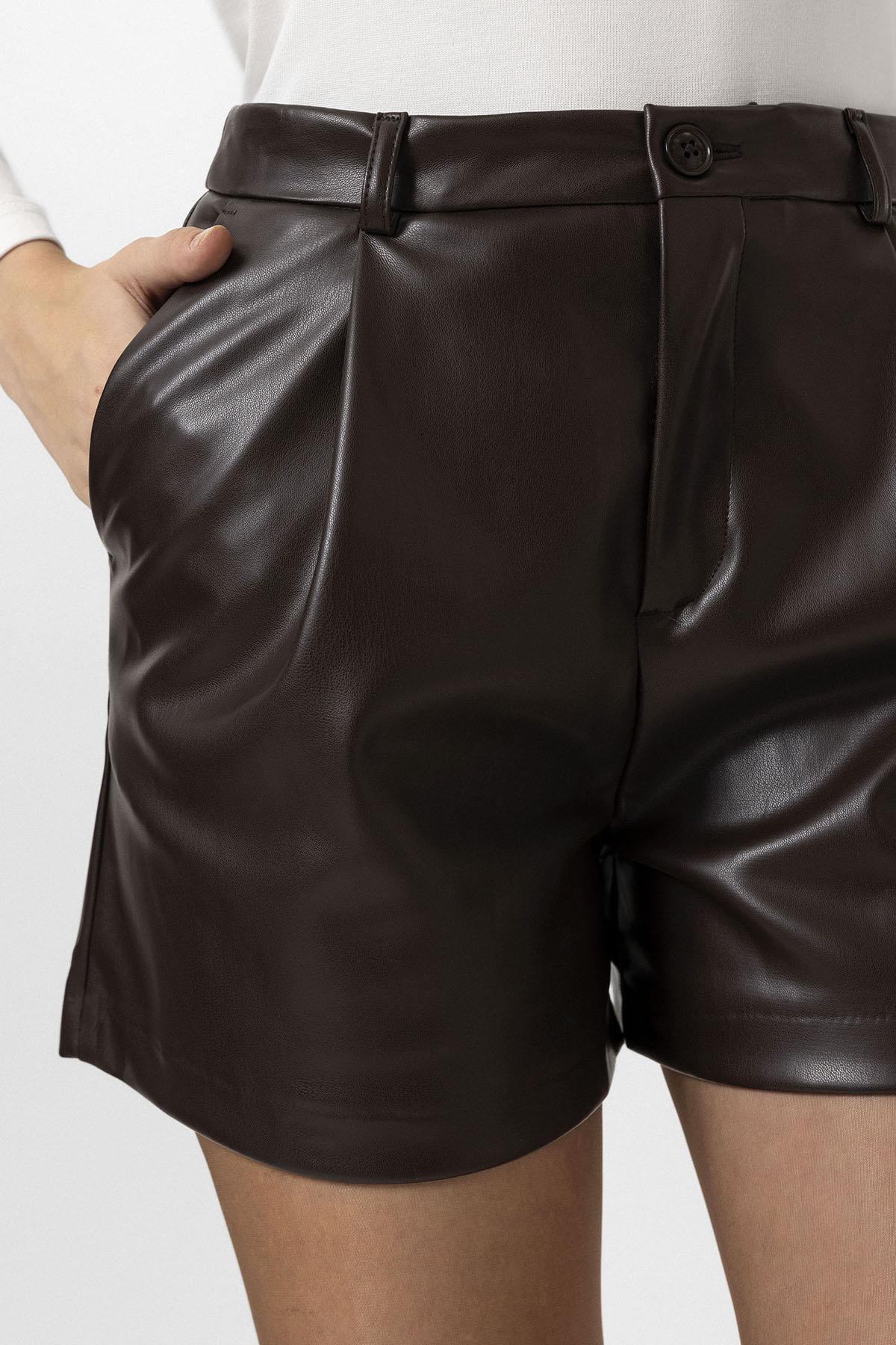 Antioch-Kahve Kadın Suni Deri Kadın Şort-Şort-4-Milagron.com