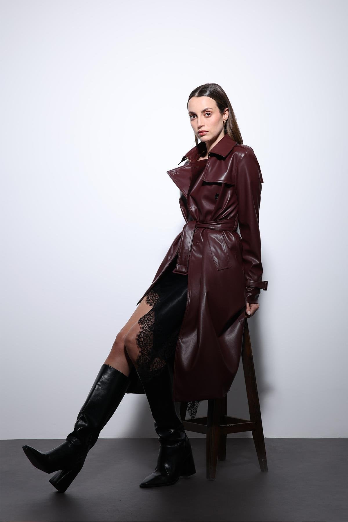 Antioch-Kahve Kadın Suni Deri Kemerli Trençkot-Trençkot-2-Milagron.com