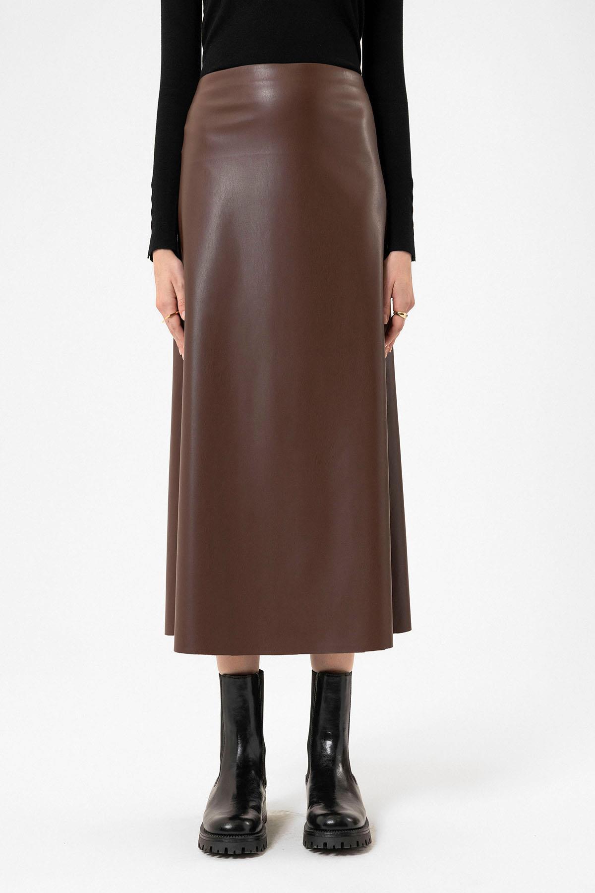 Antioch-Kahve Kadın Suni Deri Midi Etek-Etek-1-Milagron.com