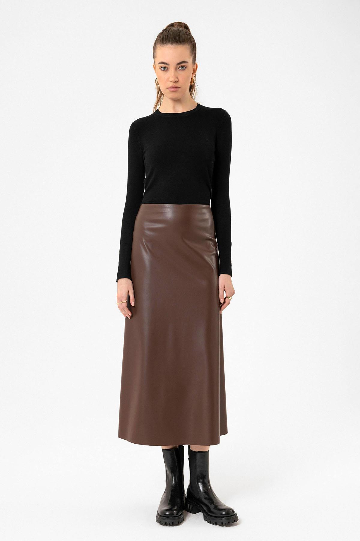 Antioch-Kahve Kadın Suni Deri Midi Etek-Etek-2-Milagron.com