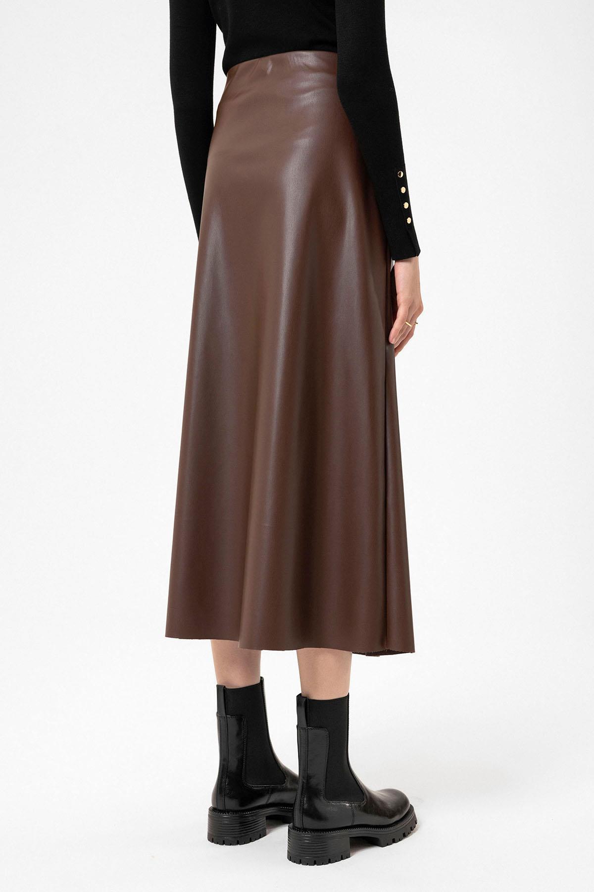 Antioch-Kahve Kadın Suni Deri Midi Etek-Etek-5-Milagron.com