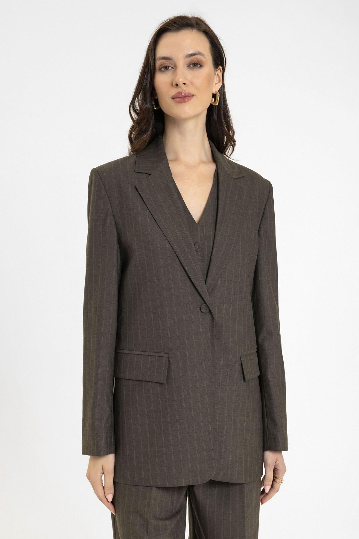 Antioch-Kahve Kadın Tek Düğme Çizgili Blazer Ceket-Ceket-1-Milagron.com