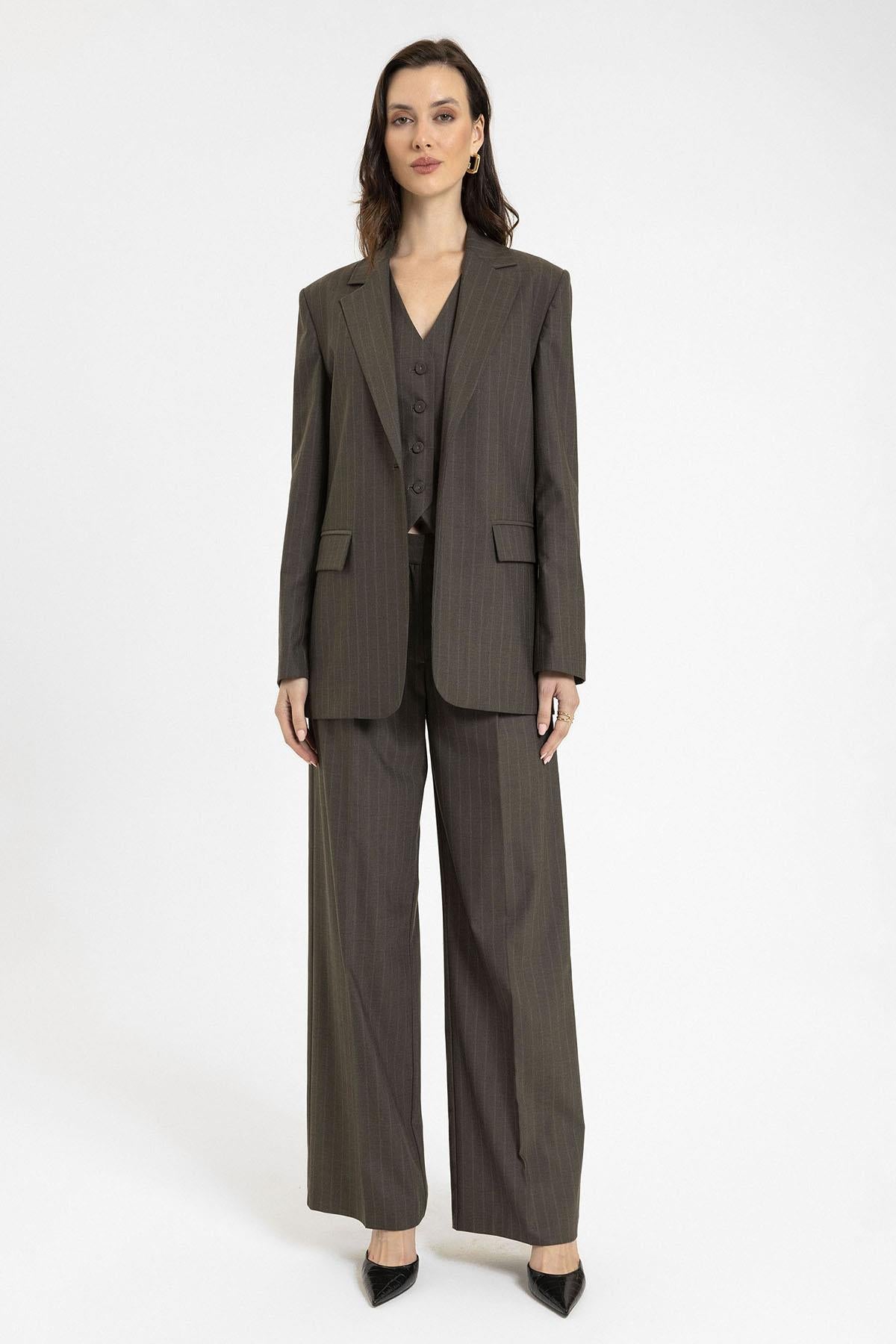 Antioch-Kahve Kadın Tek Düğme Çizgili Blazer Ceket-Ceket-3-Milagron.com