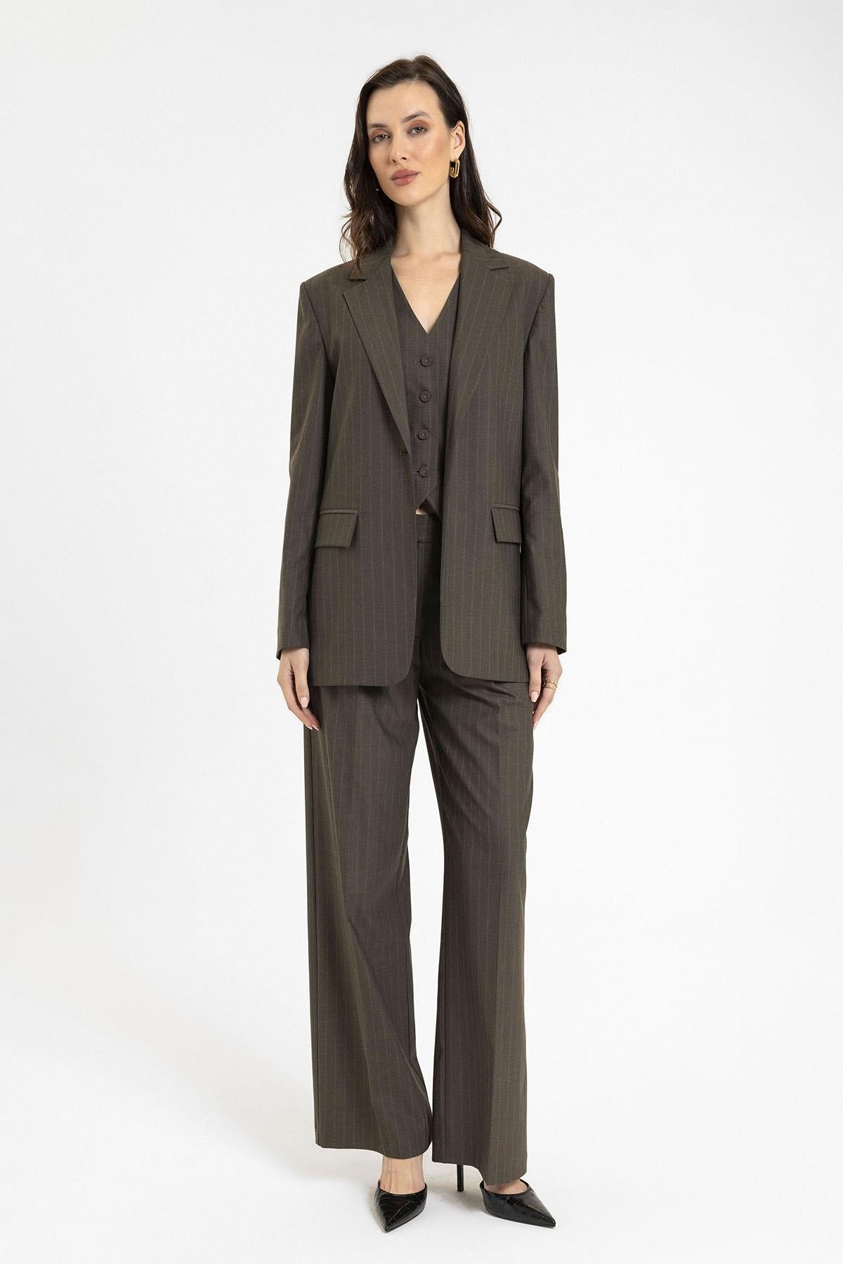 Antioch-Kahve Kadın Tek Düğme Çizgili Blazer Ceket-Ceket-4-Milagron.com