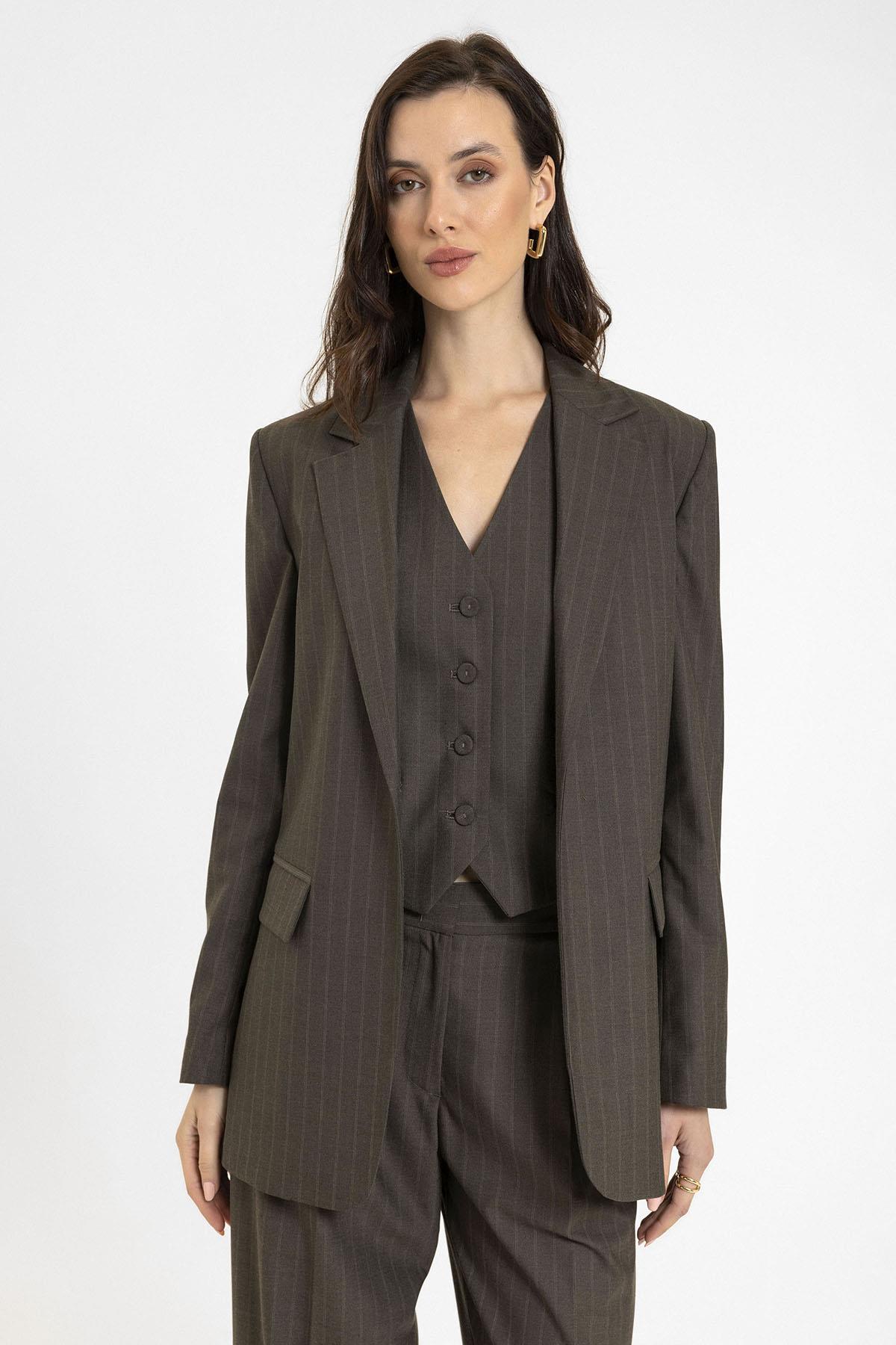 Antioch-Kahve Kadın Tek Düğme Çizgili Blazer Ceket-Ceket-5-Milagron.com