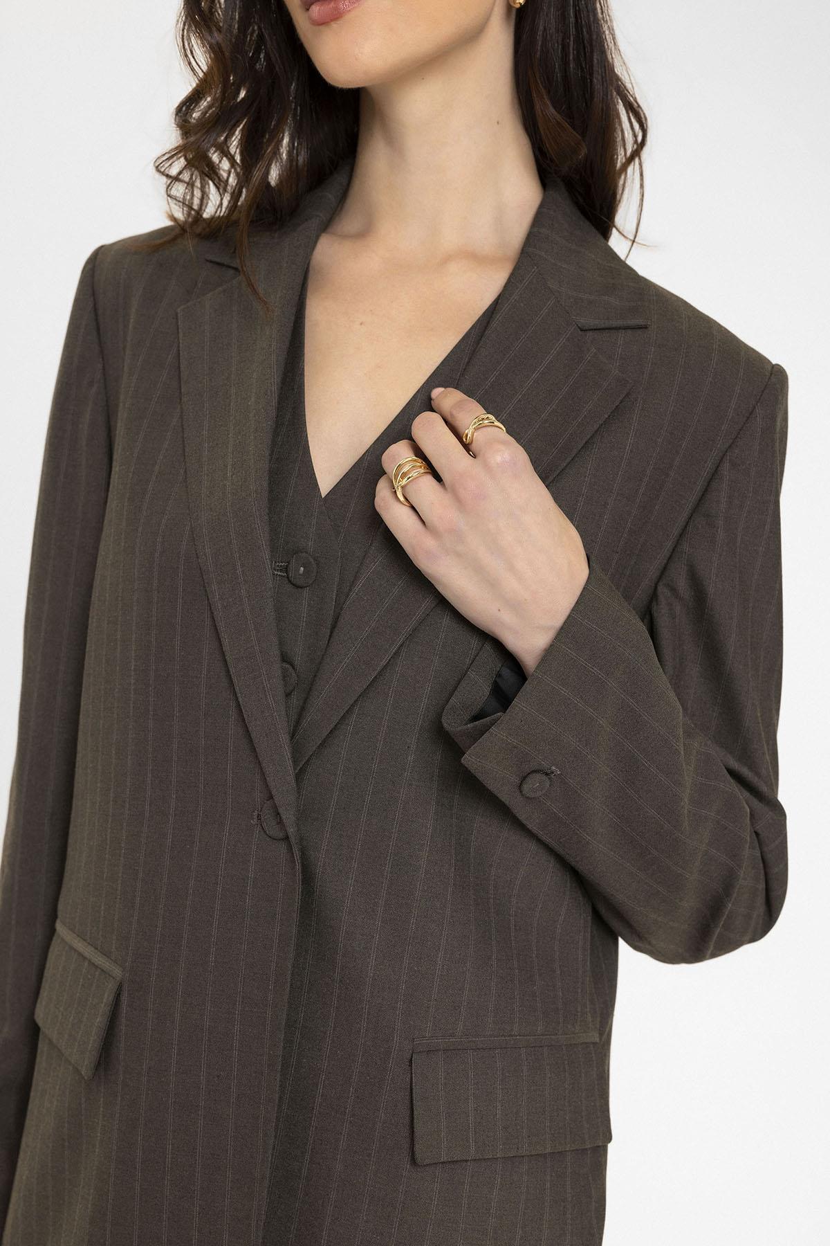 Antioch-Kahve Kadın Tek Düğme Çizgili Blazer Ceket-Ceket-6-Milagron.com