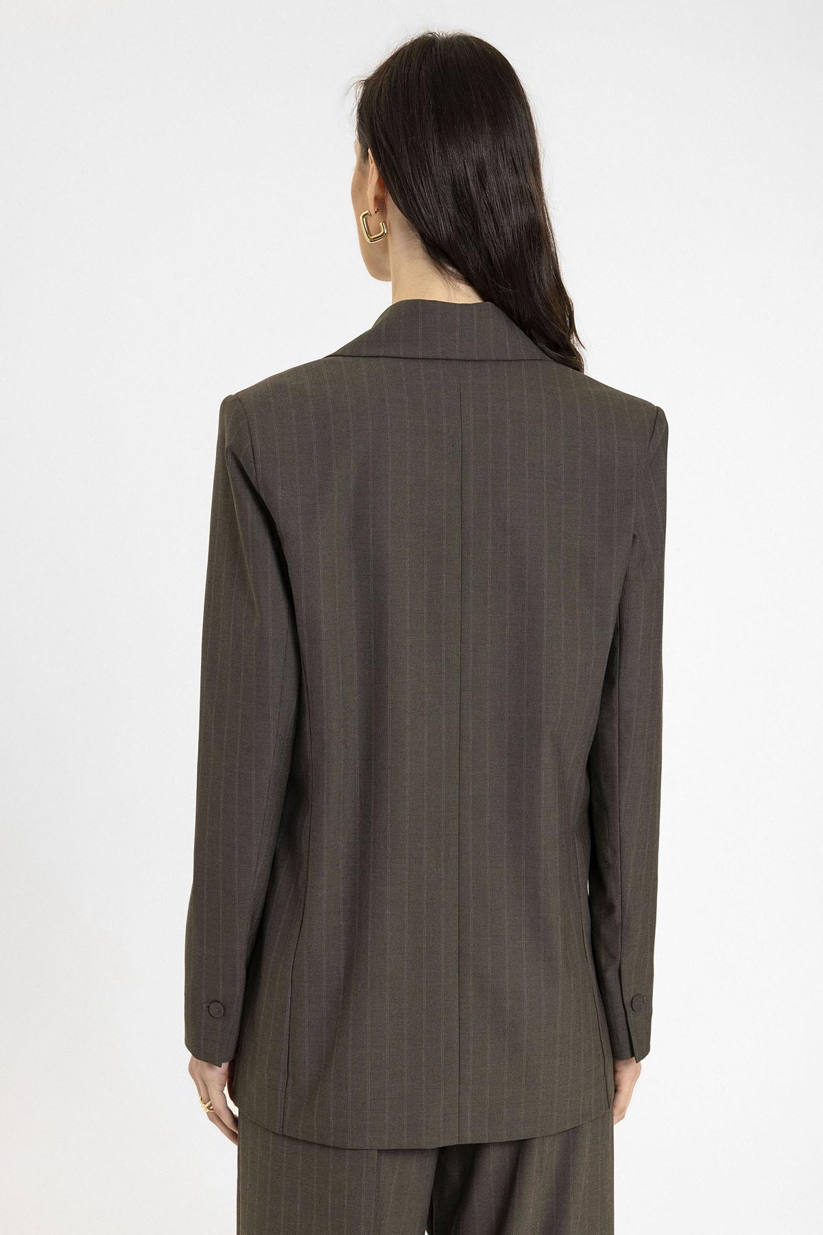 Antioch-Kahve Kadın Tek Düğme Çizgili Blazer Ceket-Ceket-7-Milagron.com
