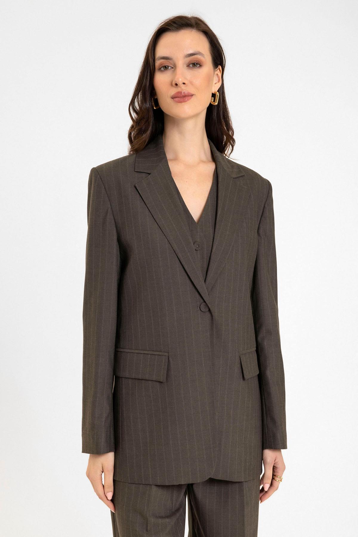 Antioch-Kahve Kadın Tek Düğme çizgili Blazer Ceket-Blazer Ceket-1-Milagron.com