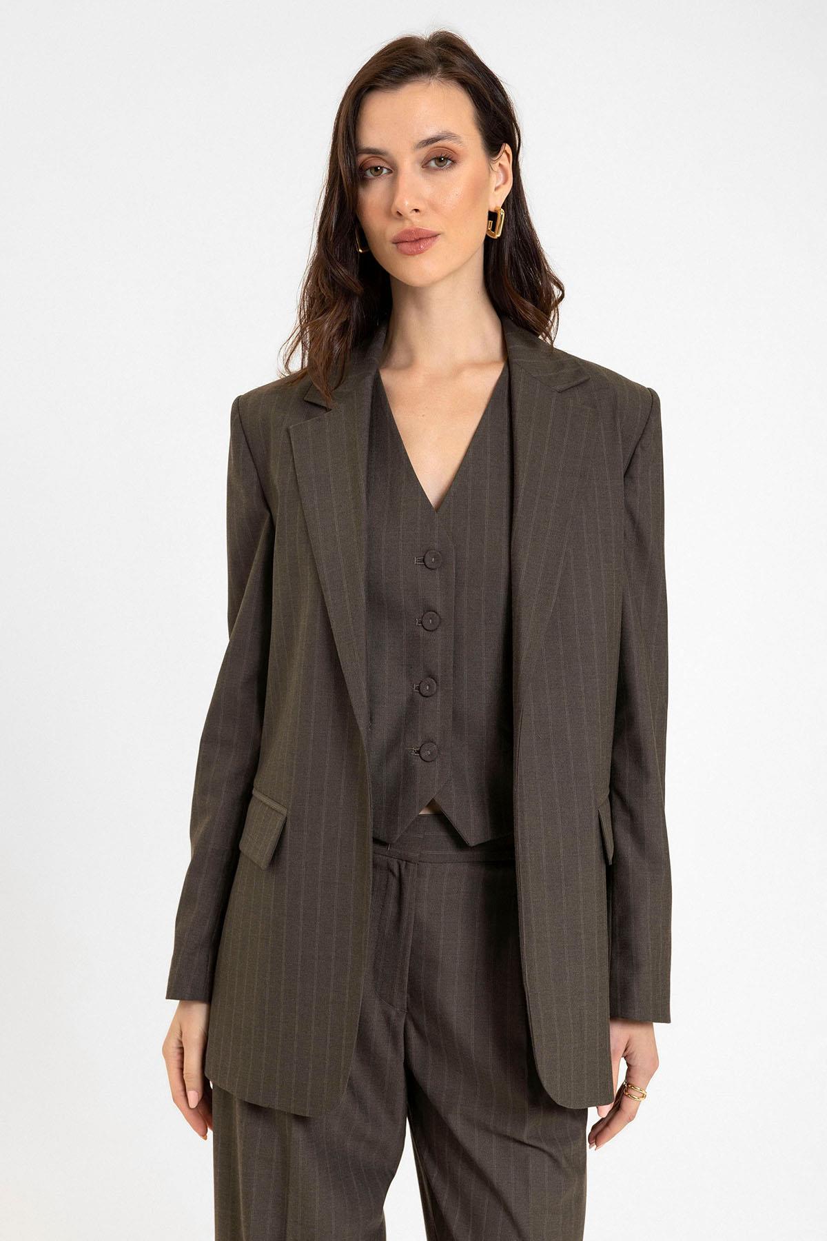 Antioch-Kahve Kadın Tek Düğme çizgili Blazer Ceket-Blazer Ceket-2-Milagron.com