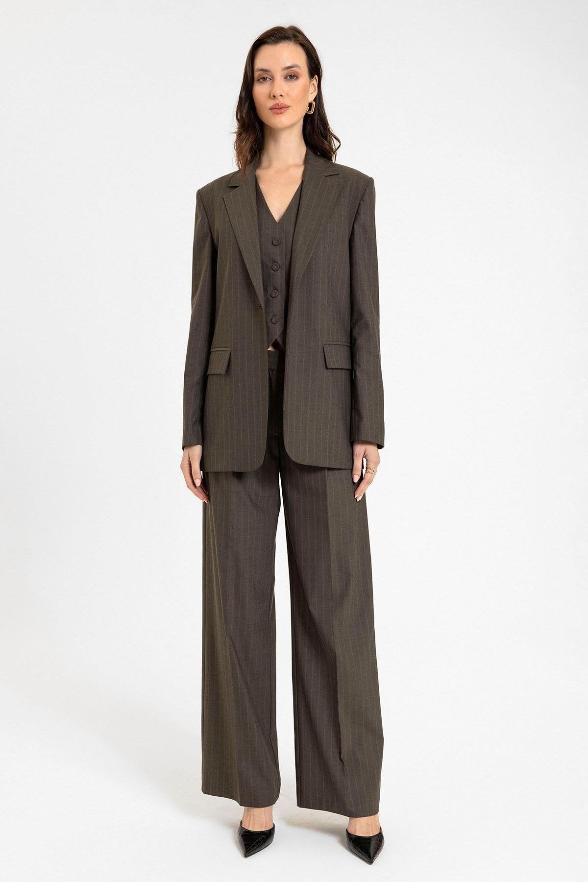 Antioch-Kahve Kadın Tek Düğme çizgili Blazer Ceket-Blazer Ceket-3-Milagron.com