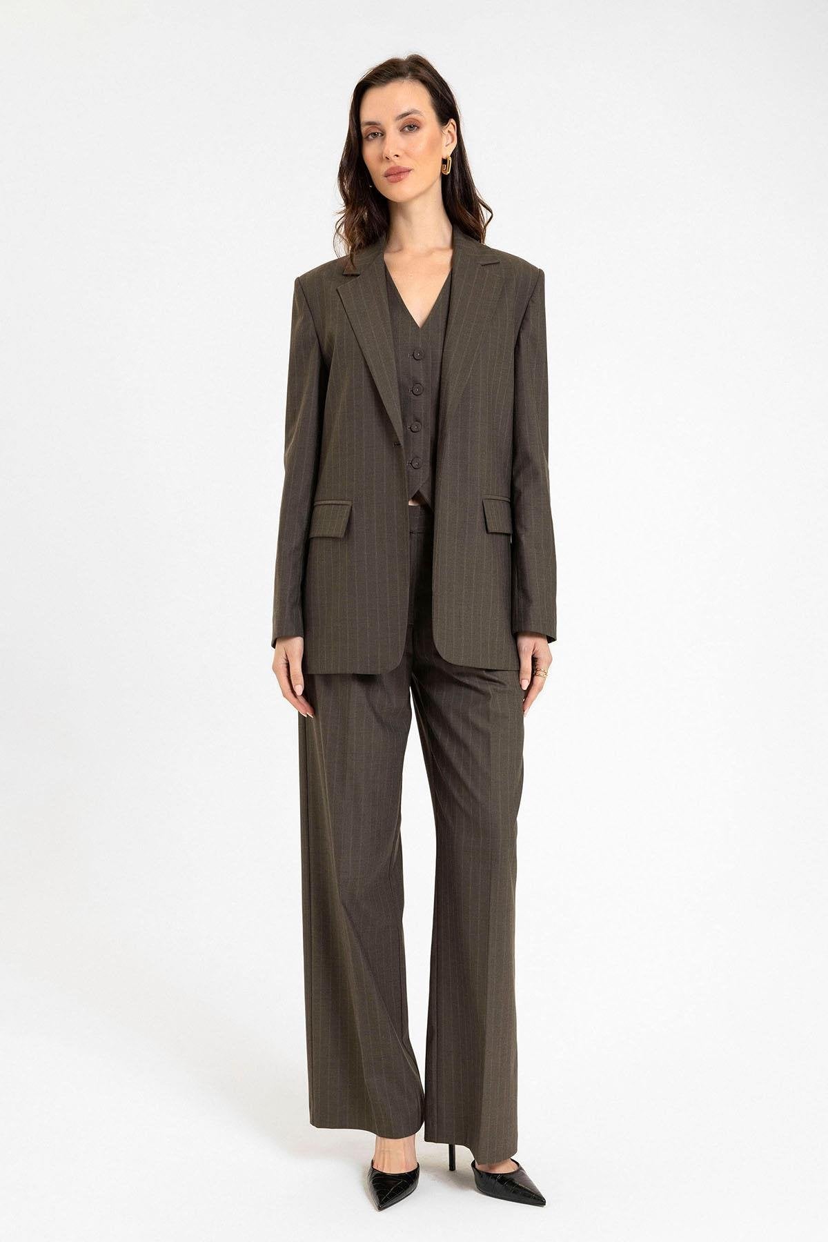 Antioch-Kahve Kadın Tek Düğme çizgili Blazer Ceket-Blazer Ceket-4-Milagron.com